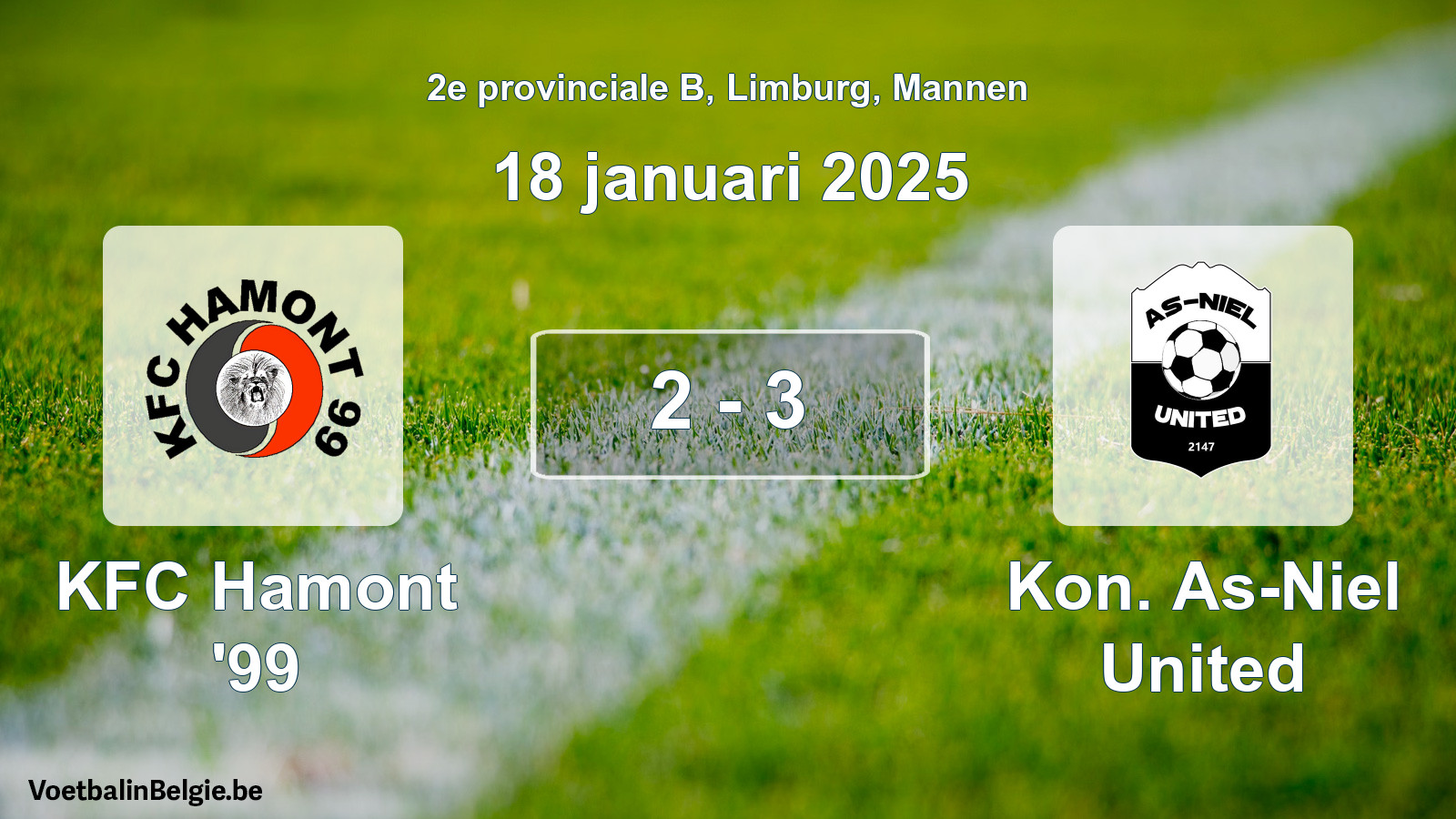 Gespeelde wedstrijd mannenvoetbal: KFC Hamont '99 - Kon. As-Niel United 2 - 3 (18 januari 2025)