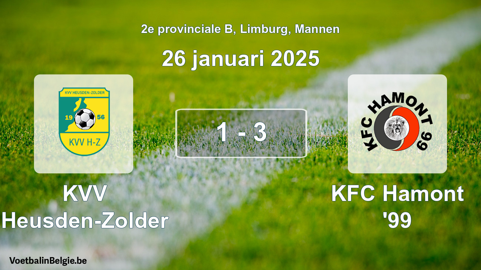 Gespeelde wedstrijd mannenvoetbal: KVV Heusden-Zolder - KFC Hamont '99 1 - 3 (26 januari 2025)