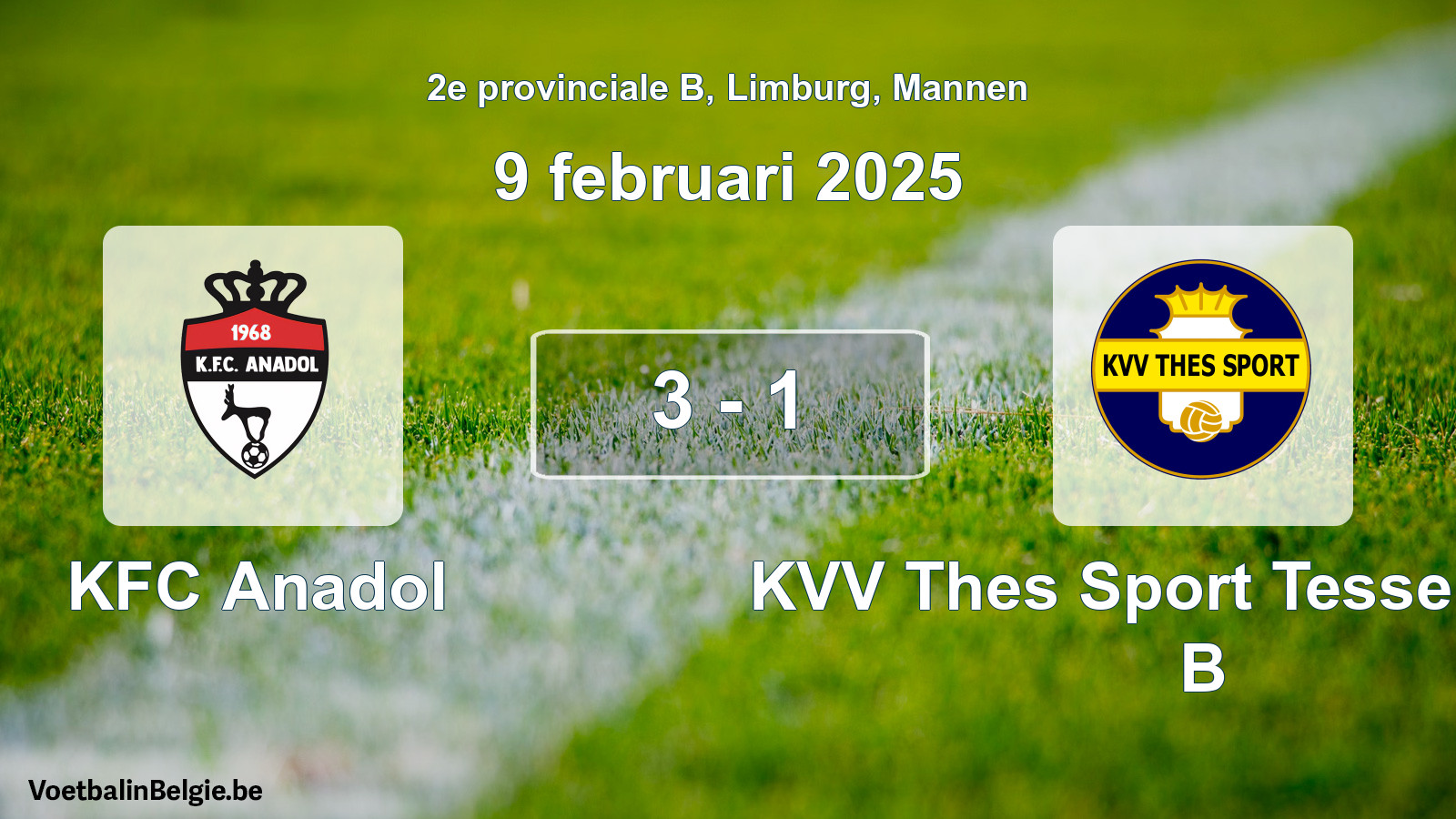 Gespeelde wedstrijd mannenvoetbal: KFC Anadol - KVV Thes Sport Tessenderlo B 3 - 1 (9 februari 2025)