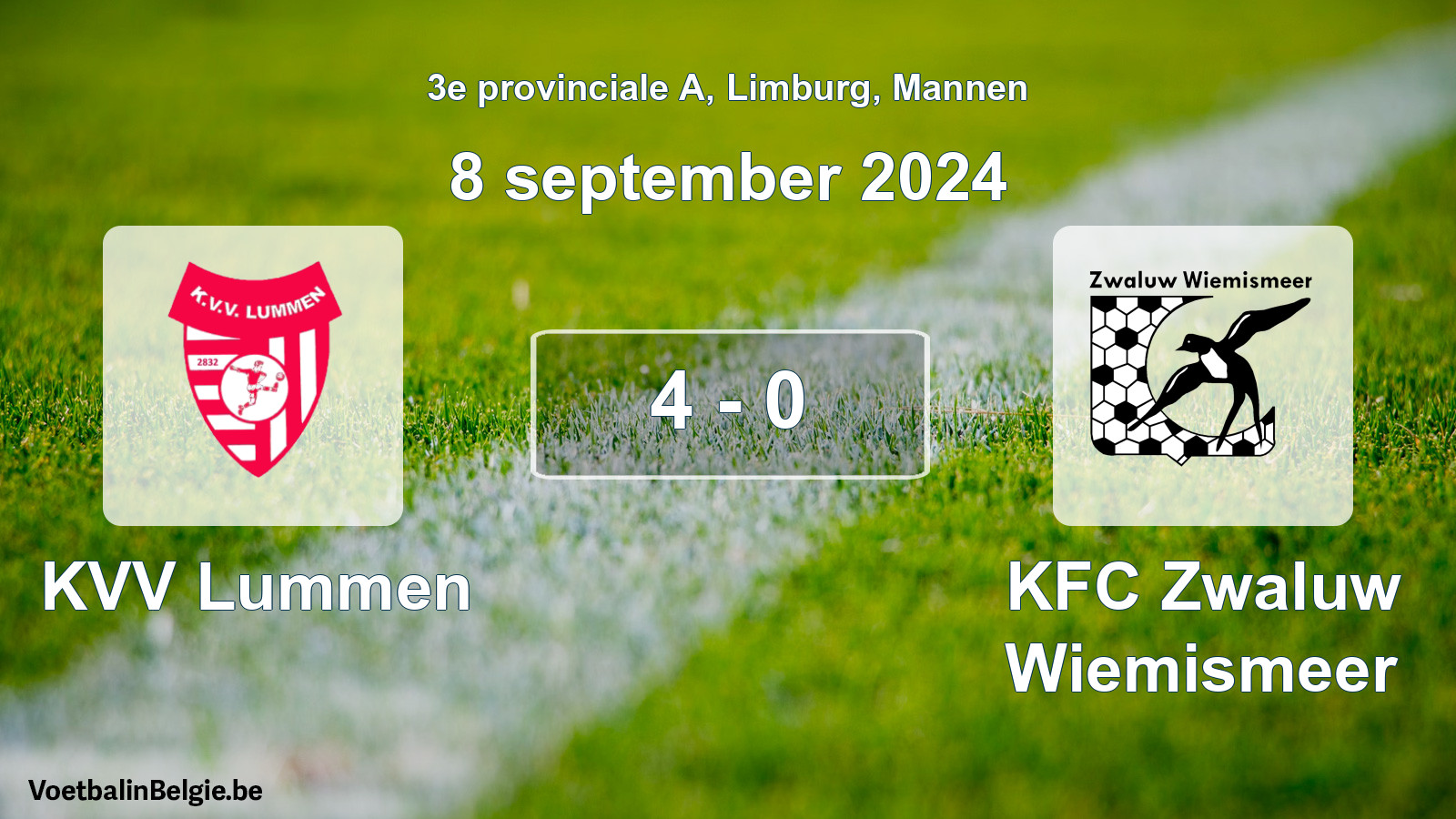 Gespeelde wedstrijd mannenvoetbal: KVV Lummen - KFC Zwaluw Wiemismeer 4 - 0 (8 september 2024)