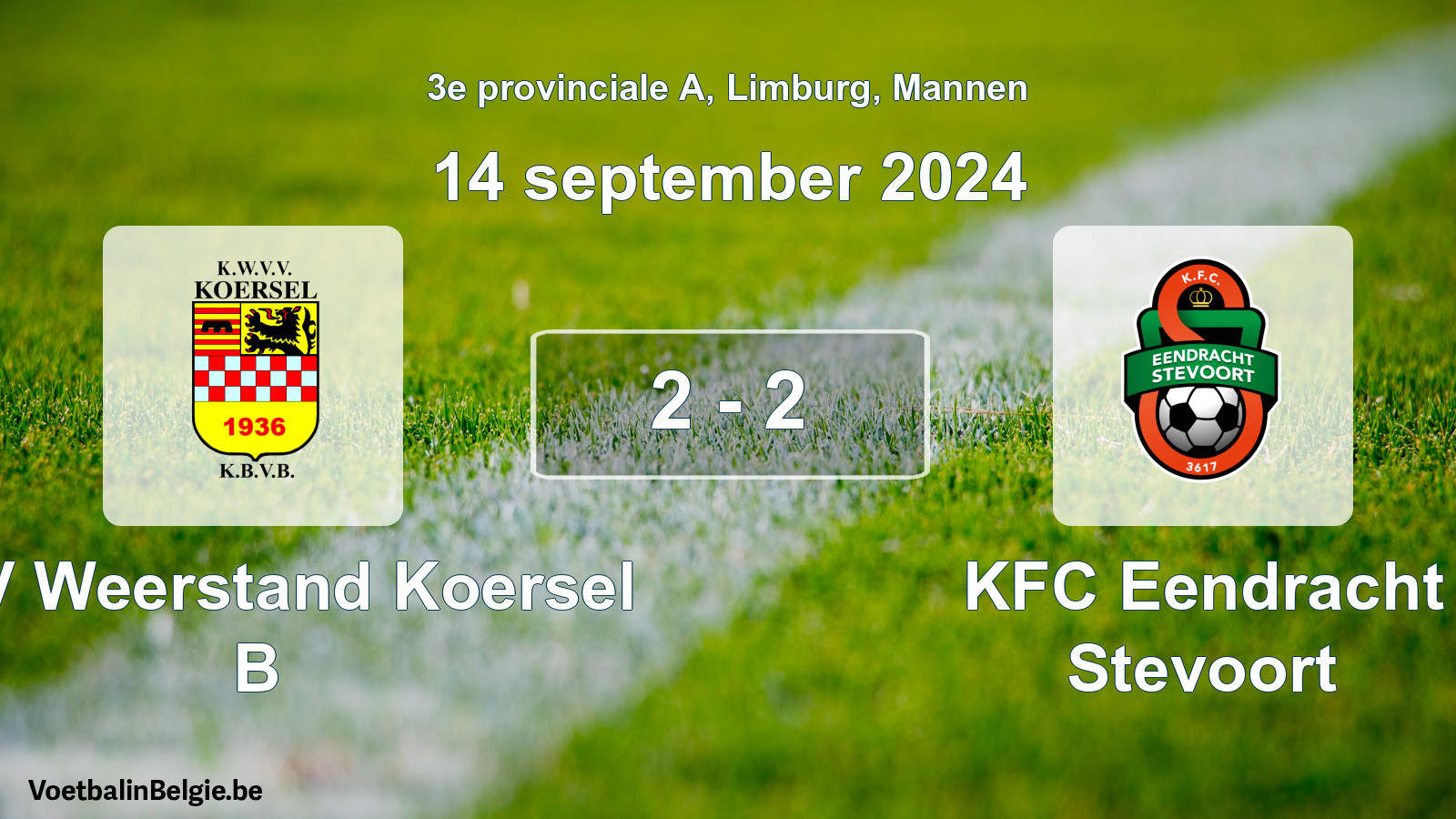 Gespeelde wedstrijd mannenvoetbal: KVV Weerstand Koersel B - KFC Eendracht Stevoort 2 - 2 (14 september 2024)