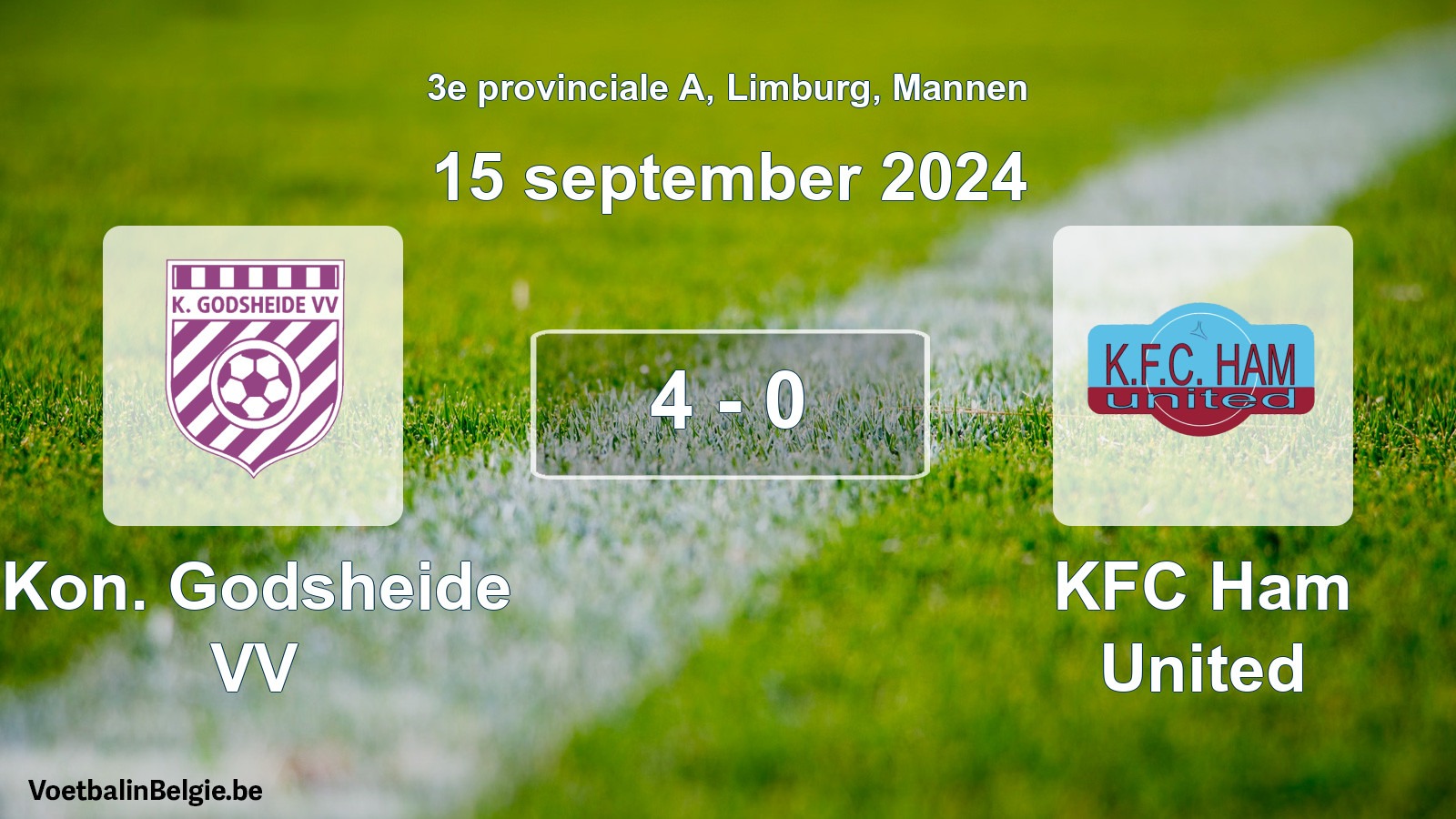Gespeelde wedstrijd mannenvoetbal: Kon. Godsheide VV - KFC Ham United 4 - 0 (15 september 2024)