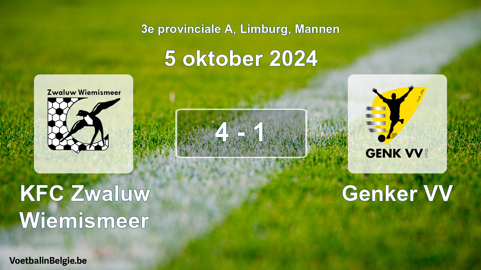 Gespeelde wedstrijd mannenvoetbal: KFC Zwaluw Wiemismeer - Genker VV 4 - 1 (5 oktober 2024)