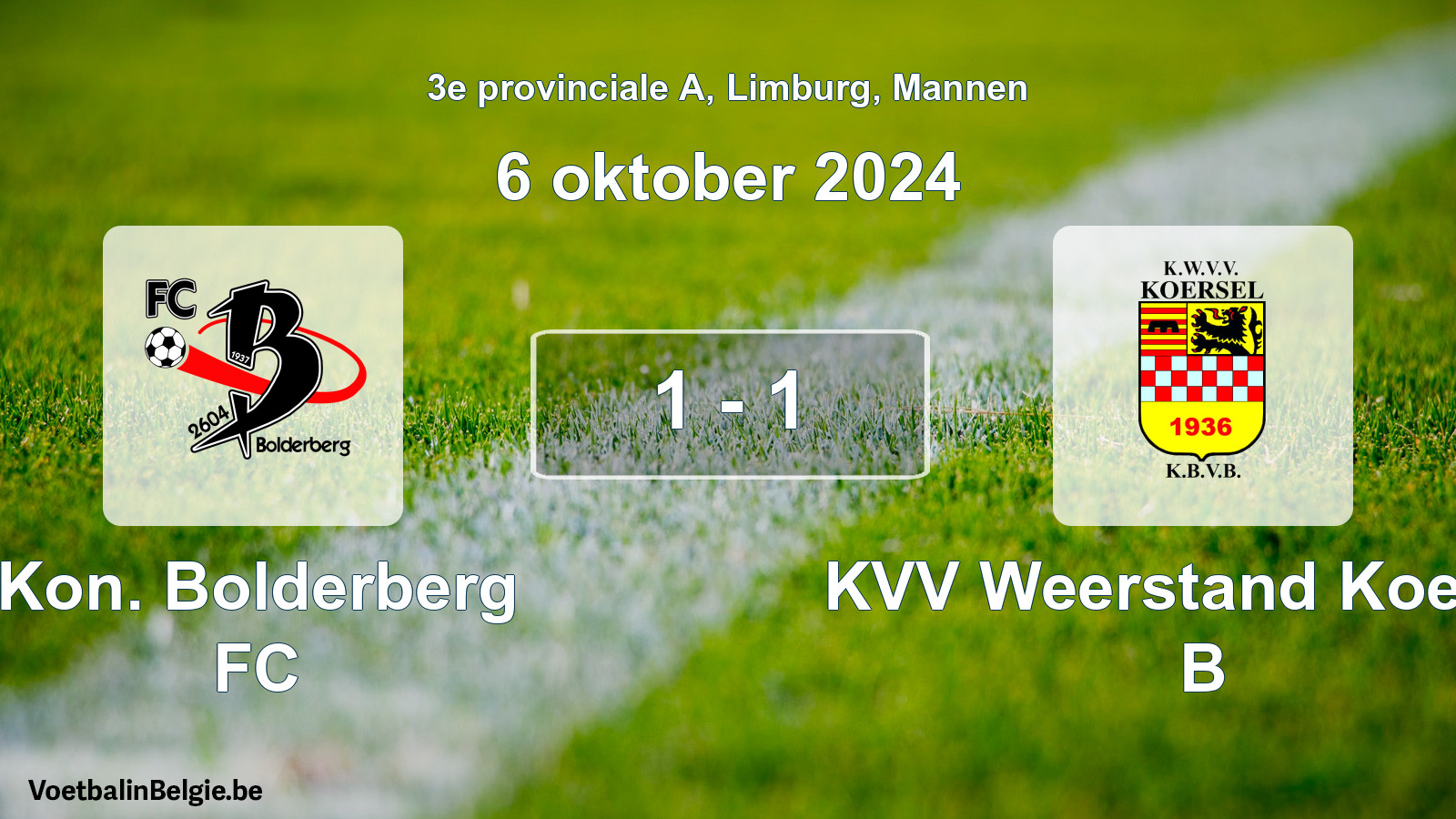 Gespeelde wedstrijd mannenvoetbal: Kon. Bolderberg FC - KVV Weerstand Koersel B 1 - 1 (6 oktober 2024)