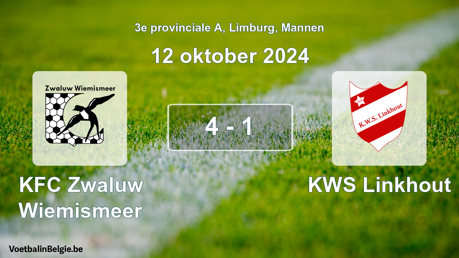 Gespeelde wedstrijd mannenvoetbal: KFC Zwaluw Wiemismeer - KWS Linkhout 4 - 1 (12 oktober 2024)