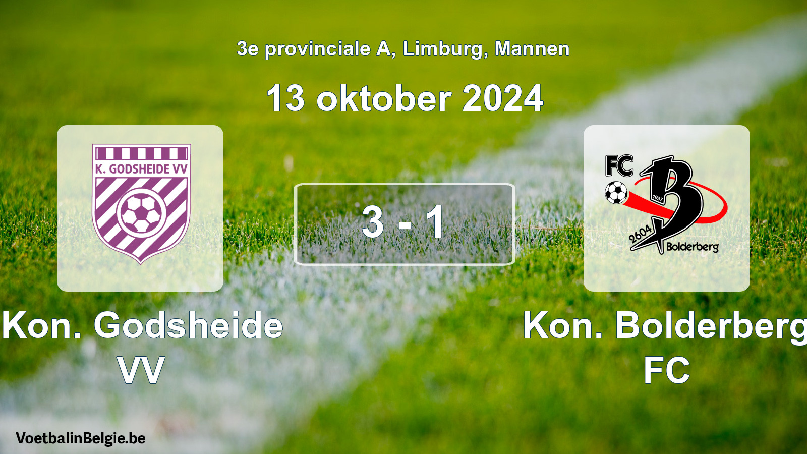 Gespeelde wedstrijd mannenvoetbal: Kon. Godsheide VV - Kon. Bolderberg FC 3 - 1 (13 oktober 2024)