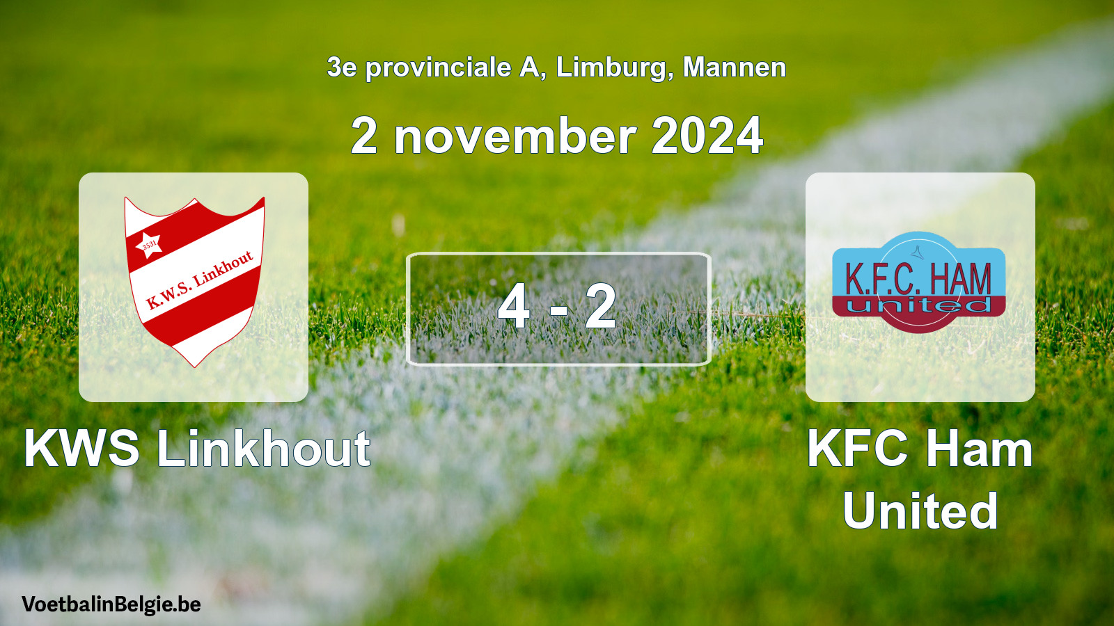 Gespeelde wedstrijd mannenvoetbal: KWS Linkhout - KFC Ham United 4 - 2 (2 november 2024)