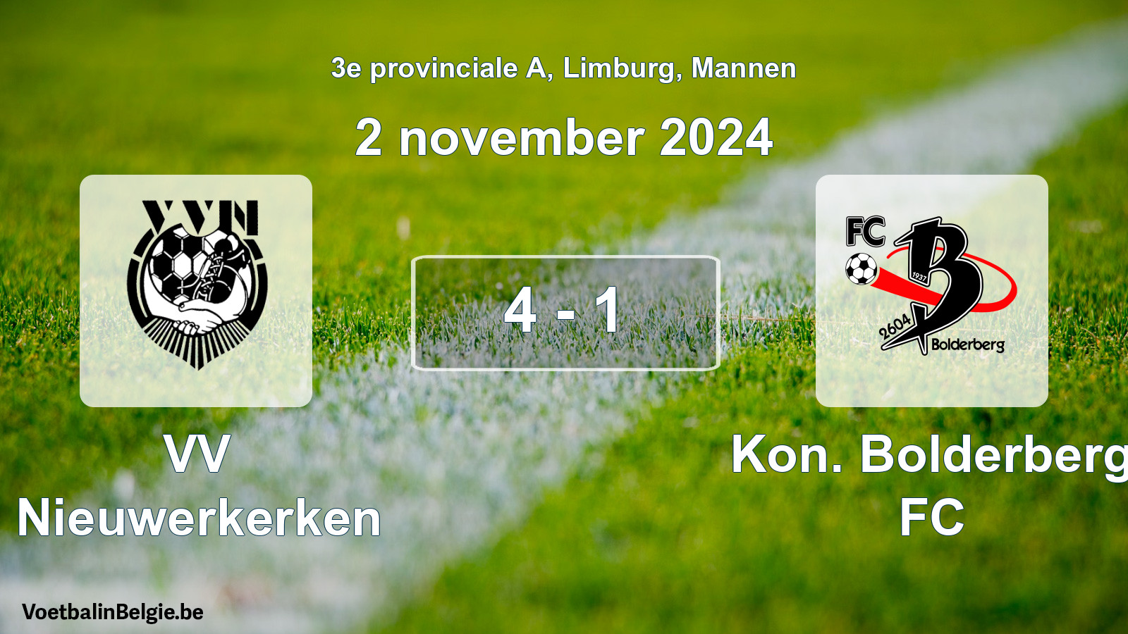 Gespeelde wedstrijd mannenvoetbal: VV Nieuwerkerken - Kon. Bolderberg FC 4 - 1 (2 november 2024)