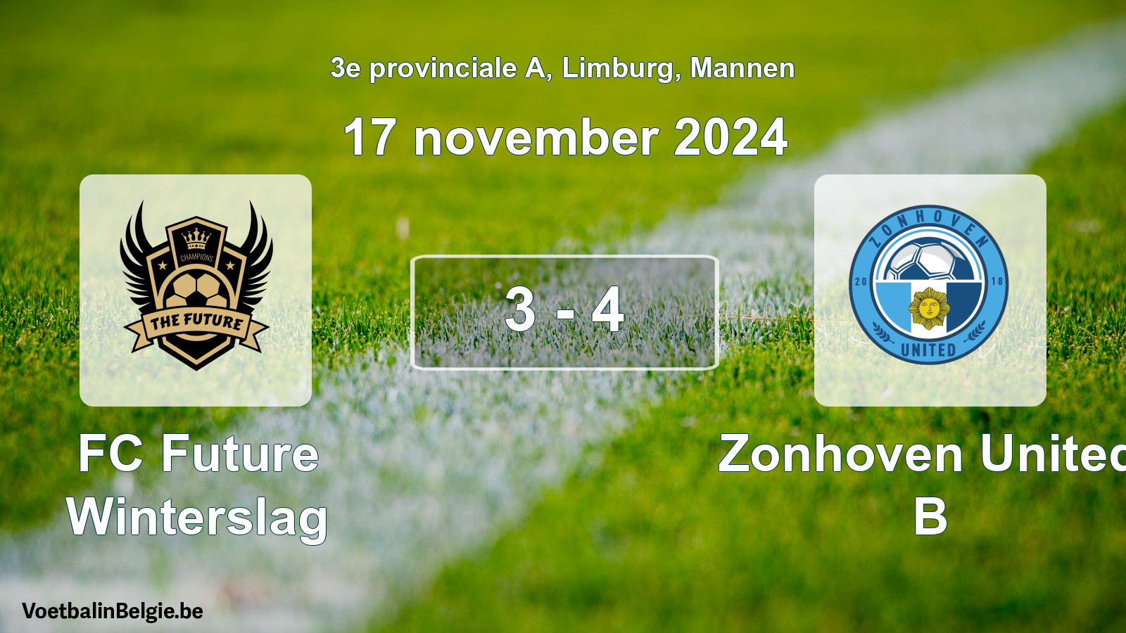 Gespeelde wedstrijd mannenvoetbal: FC Future Winterslag - Zonhoven United B 3 - 4 (17 november 2024)
