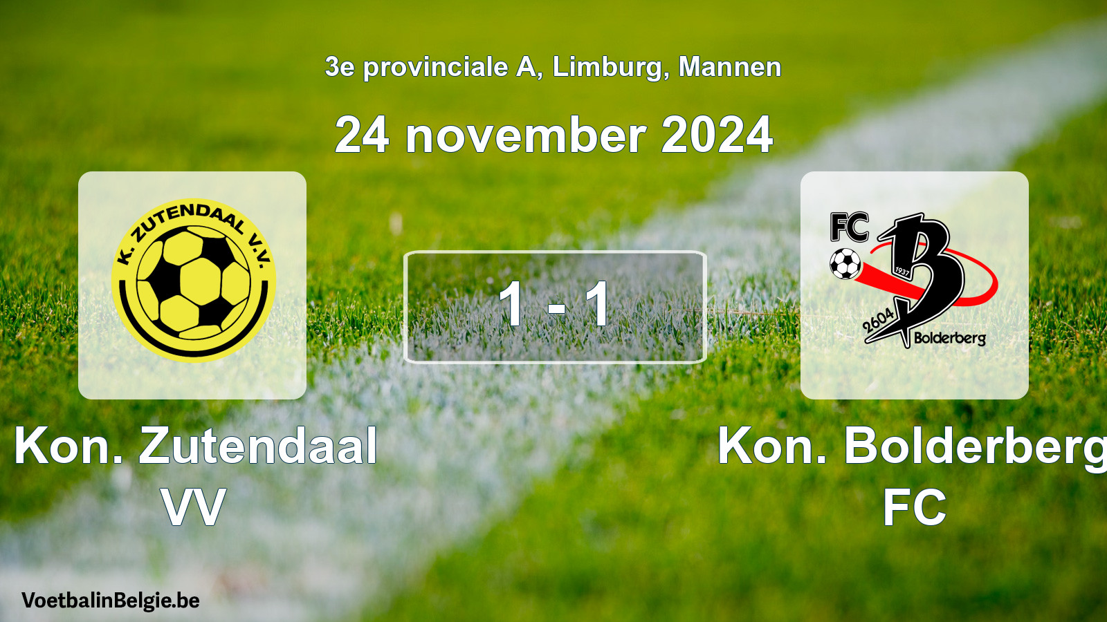 Gespeelde wedstrijd mannenvoetbal: Kon. Zutendaal VV - Kon. Bolderberg FC 1 - 1 (24 november 2024)