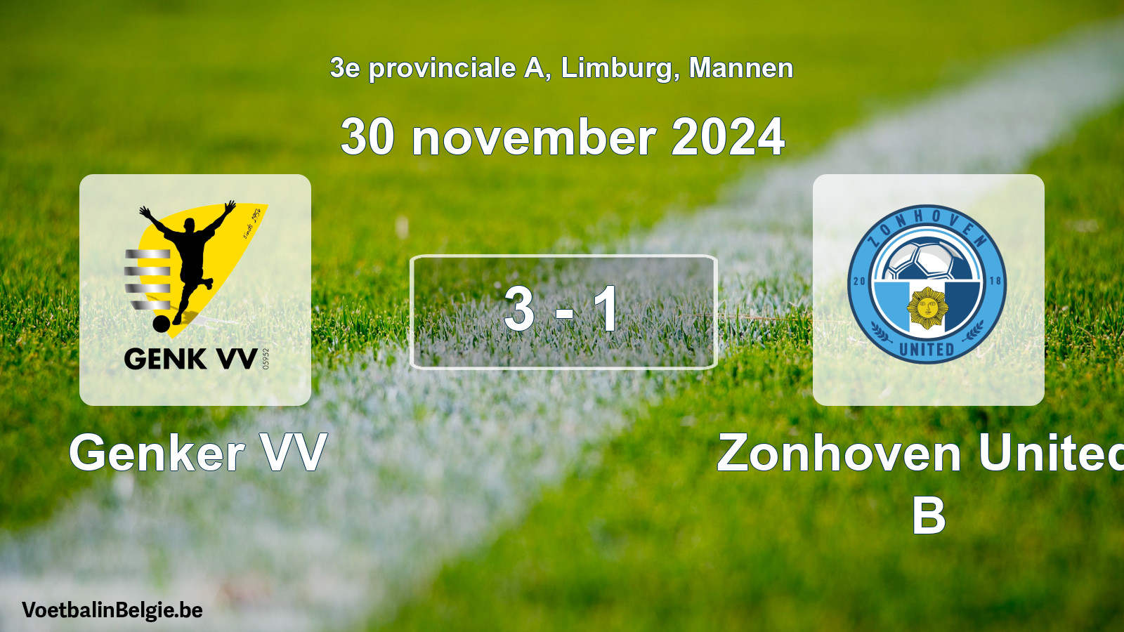 Gespeelde wedstrijd mannenvoetbal: Genker VV - Zonhoven United B 3 - 1 (30 november 2024)