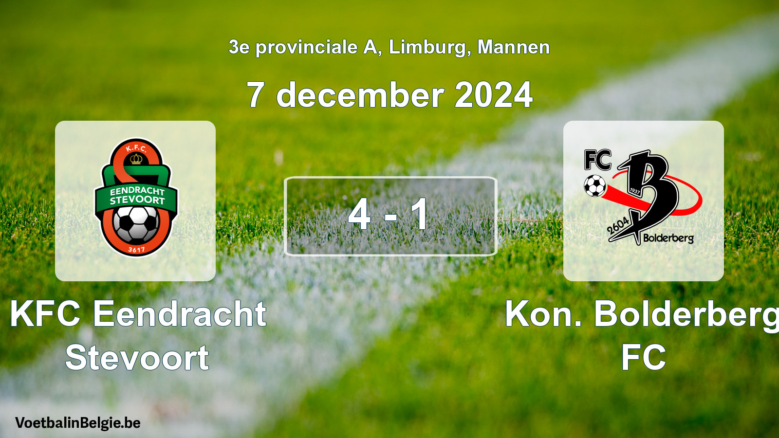 Gespeelde wedstrijd mannenvoetbal: KFC Eendracht Stevoort - Kon. Bolderberg FC 4 - 1 (7 december 2024)