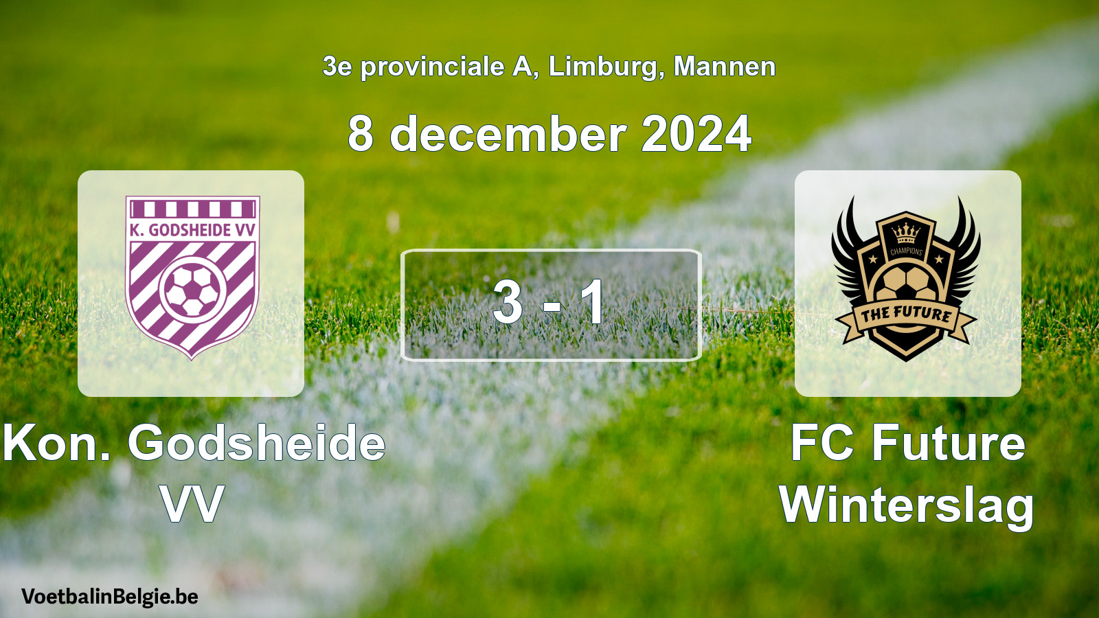 Gespeelde wedstrijd mannenvoetbal: Kon. Godsheide VV - FC Future Winterslag 3 - 1 (8 december 2024)