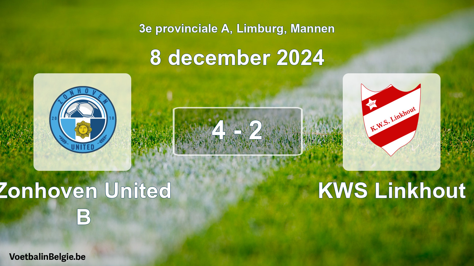 Gespeelde wedstrijd mannenvoetbal: Zonhoven United B - KWS Linkhout 4 - 2 (8 december 2024)