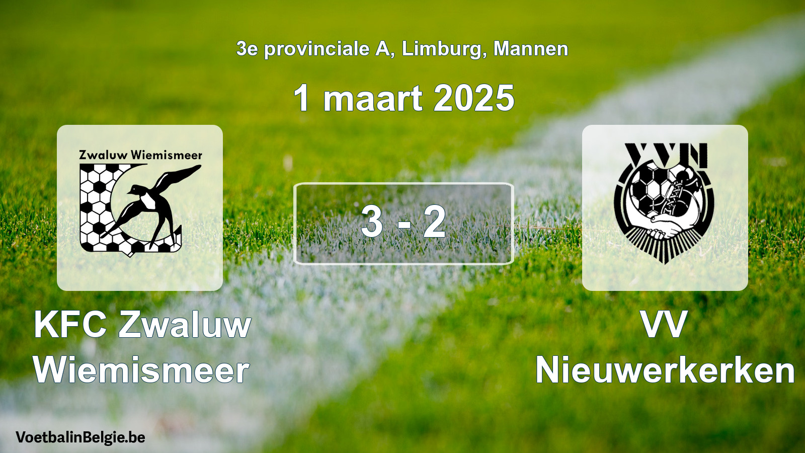 Gespeelde wedstrijd mannenvoetbal: KFC Zwaluw Wiemismeer - VV Nieuwerkerken 3 - 2 (1 maart 2025)