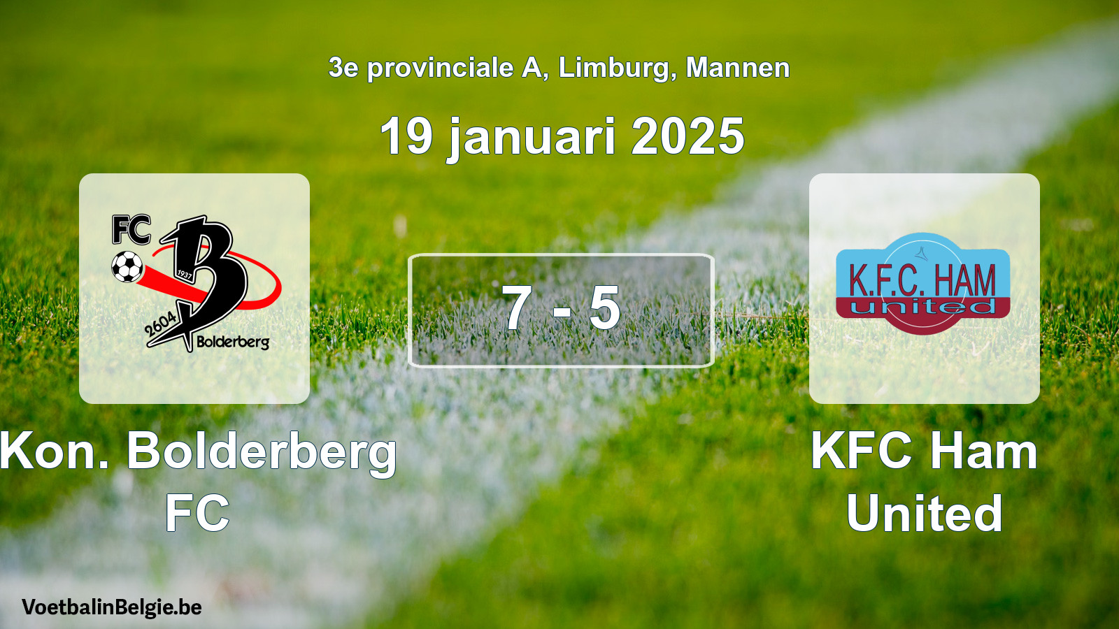 Gespeelde wedstrijd mannenvoetbal: Kon. Bolderberg FC - KFC Ham United 7 - 5 (19 januari 2025)