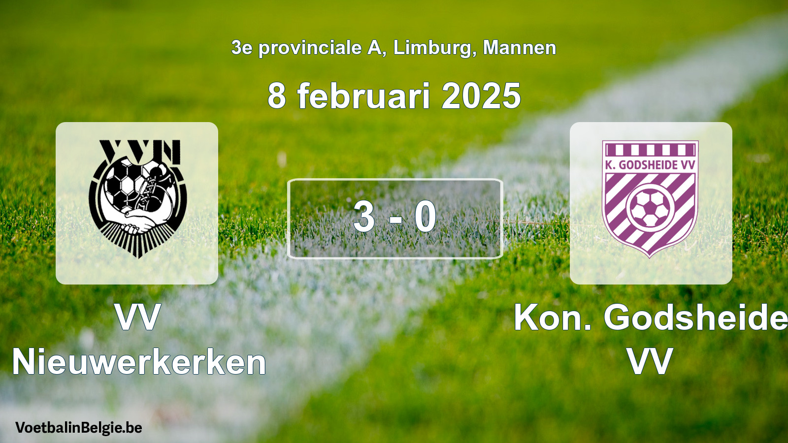 Gespeelde wedstrijd mannenvoetbal: VV Nieuwerkerken - Kon. Godsheide VV 3 - 0 (8 februari 2025)