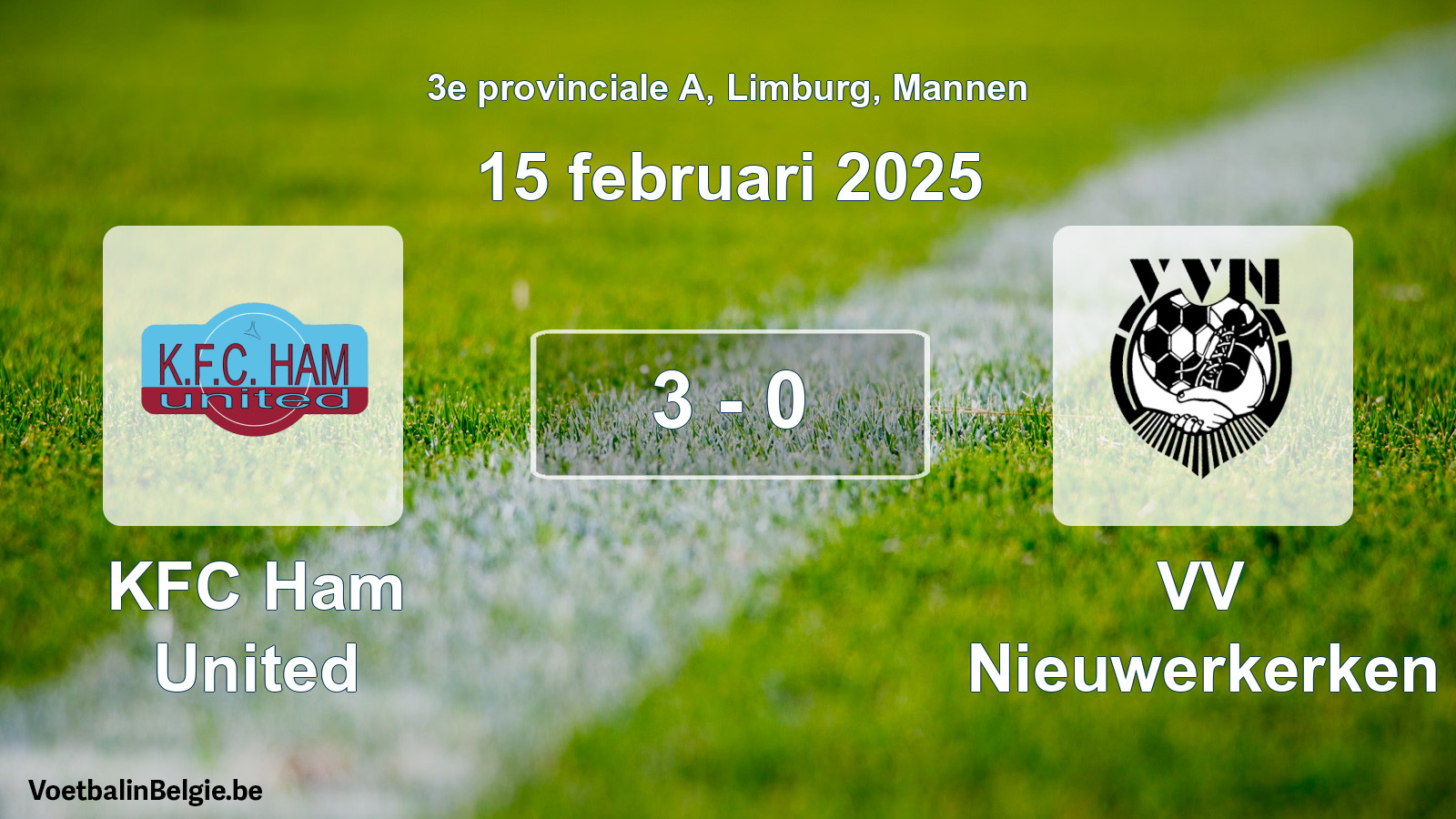 Gespeelde wedstrijd mannenvoetbal: KFC Ham United - VV Nieuwerkerken 3 - 0 (15 februari 2025)