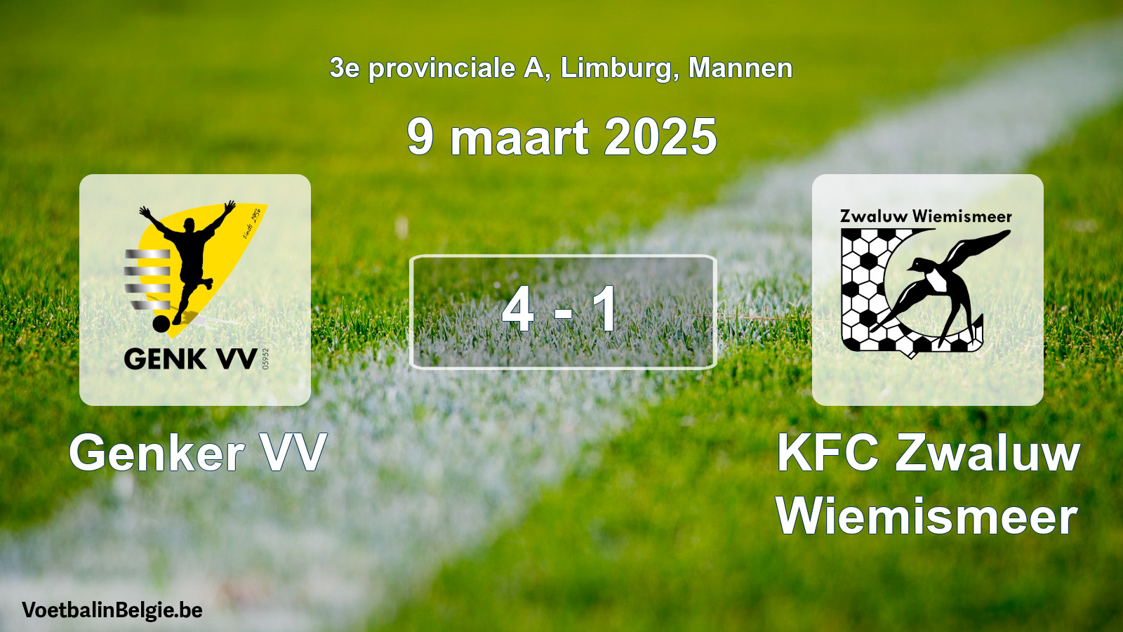 Gespeelde wedstrijd mannenvoetbal: Genker VV - KFC Zwaluw Wiemismeer 4 - 1 (9 maart 2025)