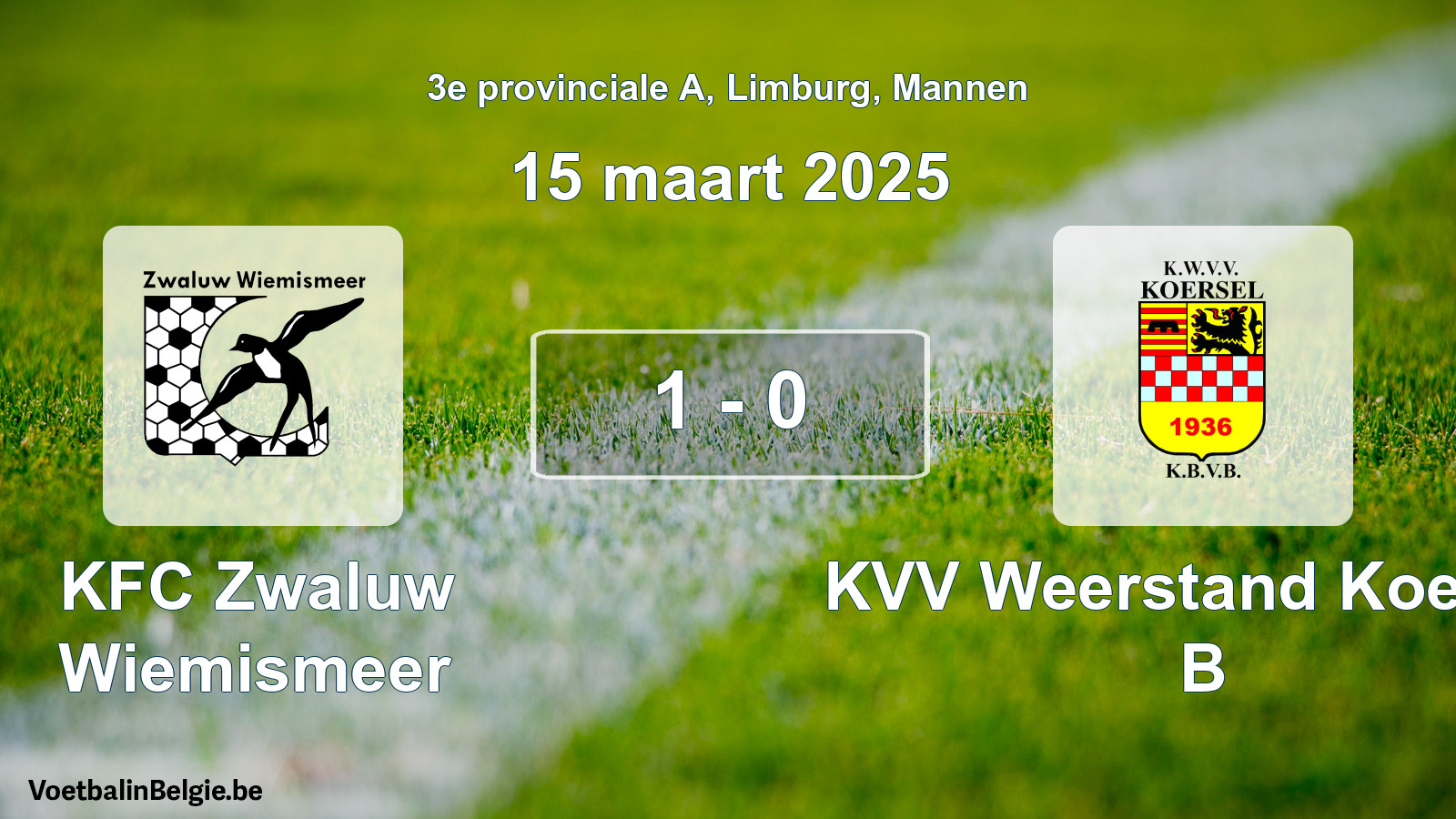 Gespeelde wedstrijd mannenvoetbal: KFC Zwaluw Wiemismeer - KVV Weerstand Koersel B 1 - 0 (15 maart 2025)