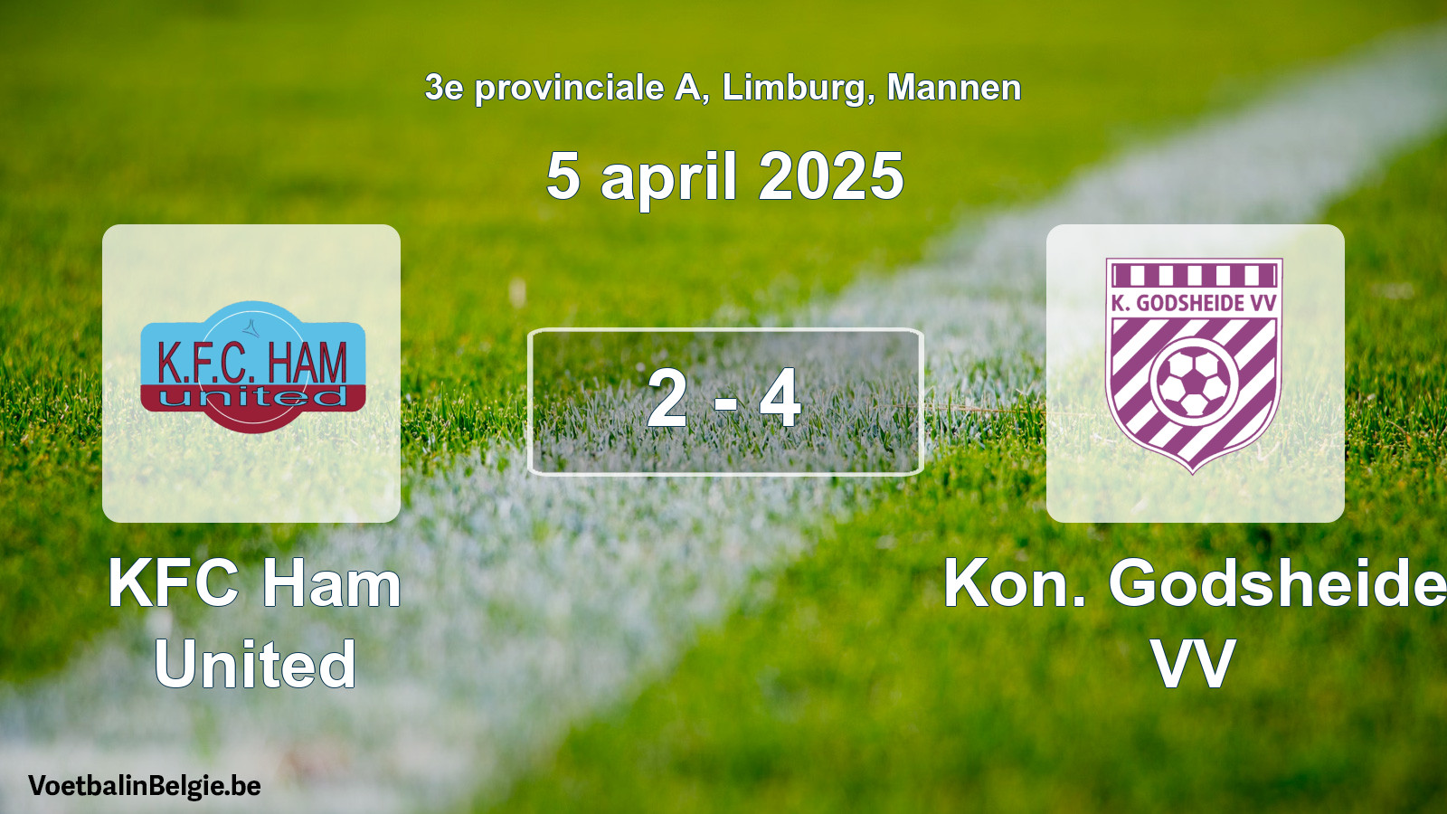 Gespeelde wedstrijd mannenvoetbal: KFC Ham United - Kon. Godsheide VV 2 - 4 (5 april 2025)