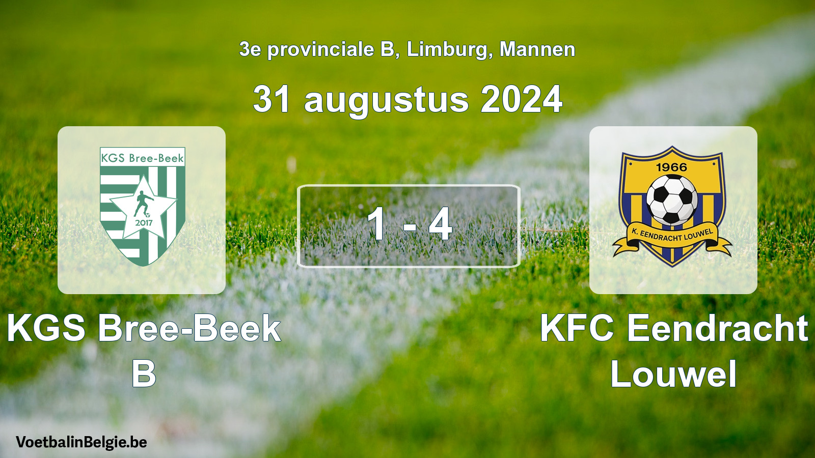 Gespeelde wedstrijd mannenvoetbal: KGS Bree-Beek B - KFC Eendracht Louwel 1 - 4 (31 augustus 2024)