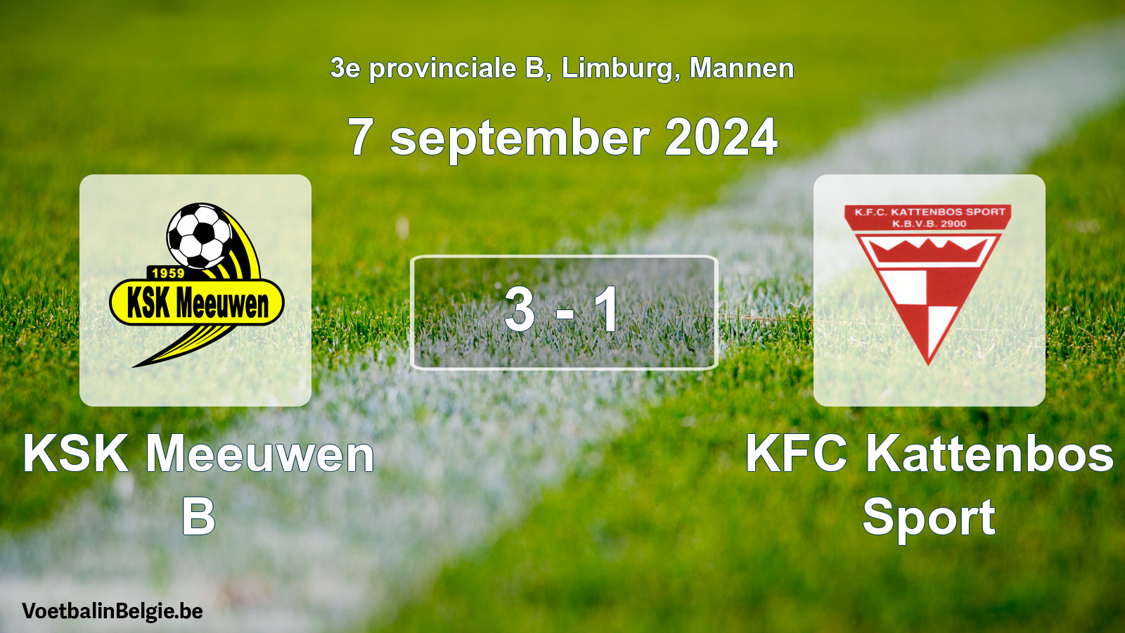 Gespeelde wedstrijd mannenvoetbal: KSK Meeuwen B - KFC Kattenbos Sport 3 - 1 (7 september 2024)