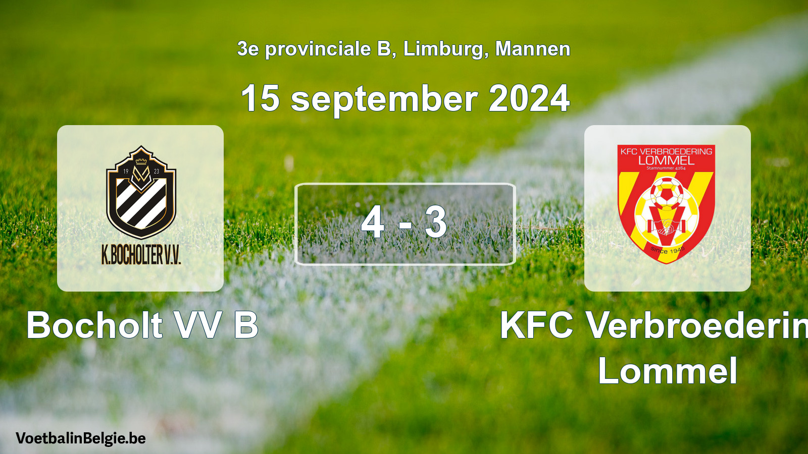 Gespeelde wedstrijd mannenvoetbal: Bocholt VV B - KFC Verbroedering Lommel 4 - 3 (15 september 2024)