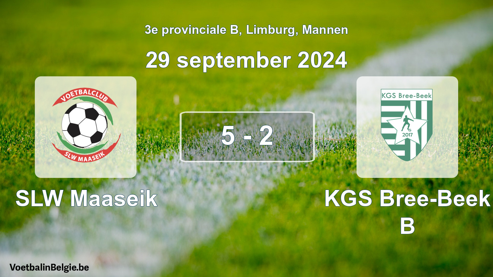 Gespeelde wedstrijd mannenvoetbal: SLW Maaseik - KGS Bree-Beek B 5 - 2 (29 september 2024)