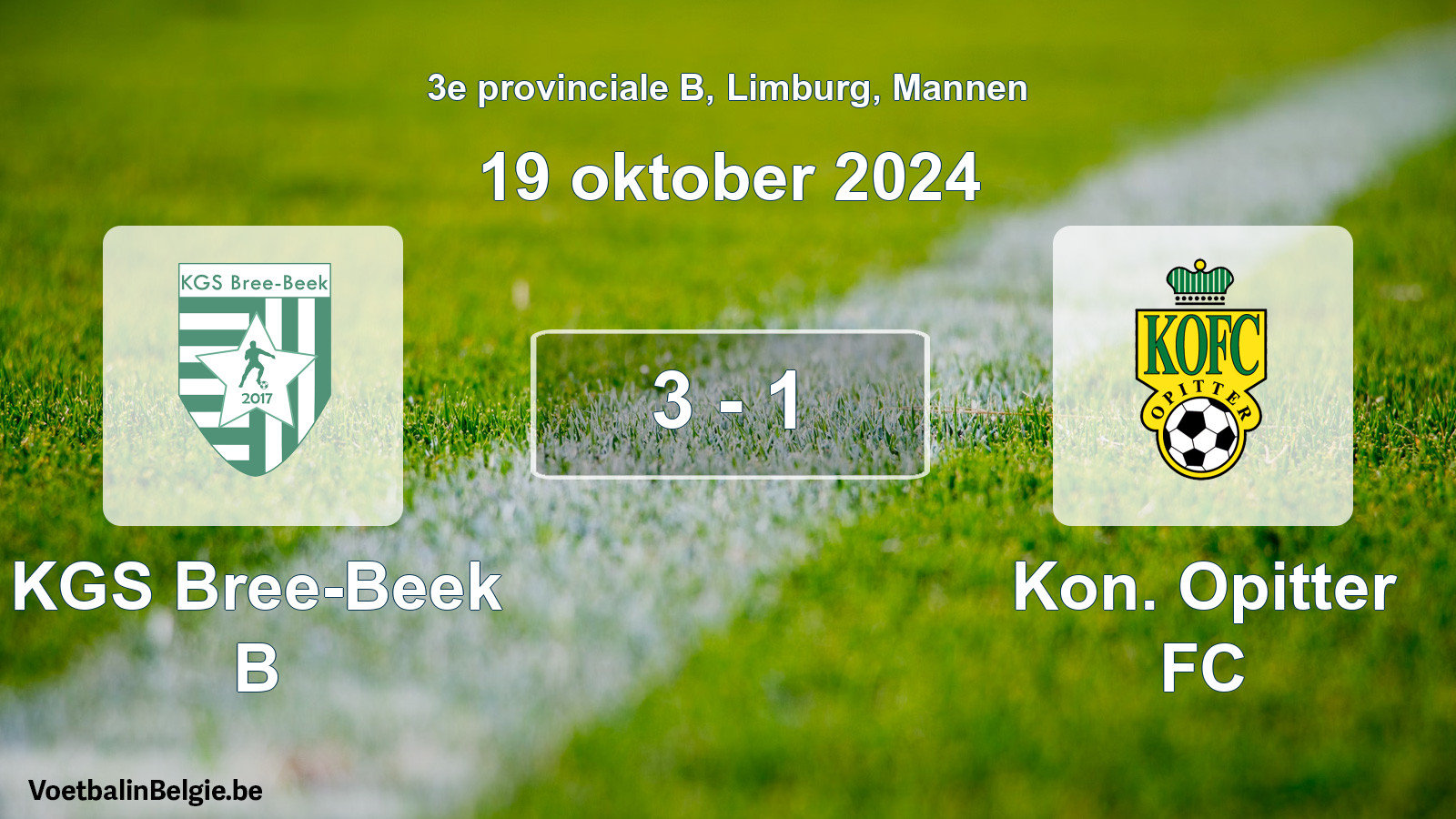 Gespeelde wedstrijd mannenvoetbal: KGS Bree-Beek B - Kon. Opitter FC 3 - 1 (19 oktober 2024)