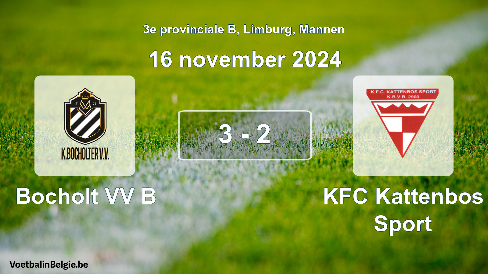 Gespeelde wedstrijd mannenvoetbal: Bocholt VV B - KFC Kattenbos Sport 3 - 2 (16 november 2024)