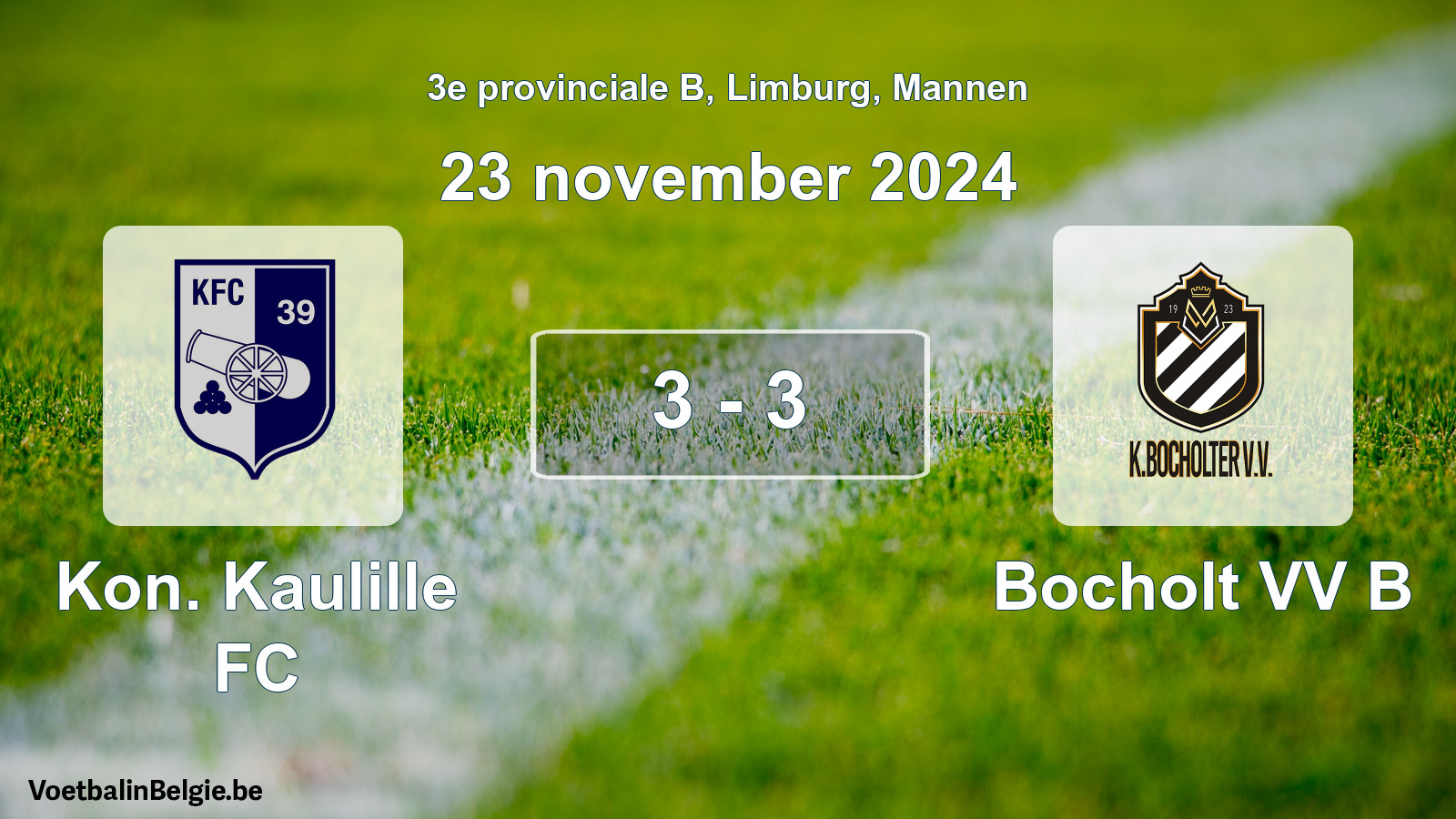 Gespeelde wedstrijd mannenvoetbal: Kon. Kaulille FC - Bocholt VV B 3 - 3 (23 november 2024)