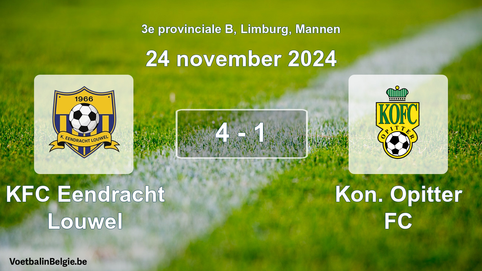 Gespeelde wedstrijd mannenvoetbal: KFC Eendracht Louwel - Kon. Opitter FC 4 - 1 (24 november 2024)