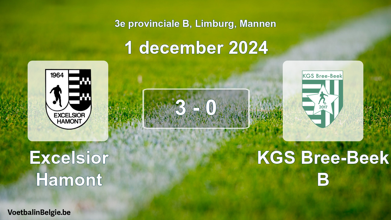 Gespeelde wedstrijd mannenvoetbal: Excelsior Hamont - KGS Bree-Beek B 3 - 0 (1 december 2024)
