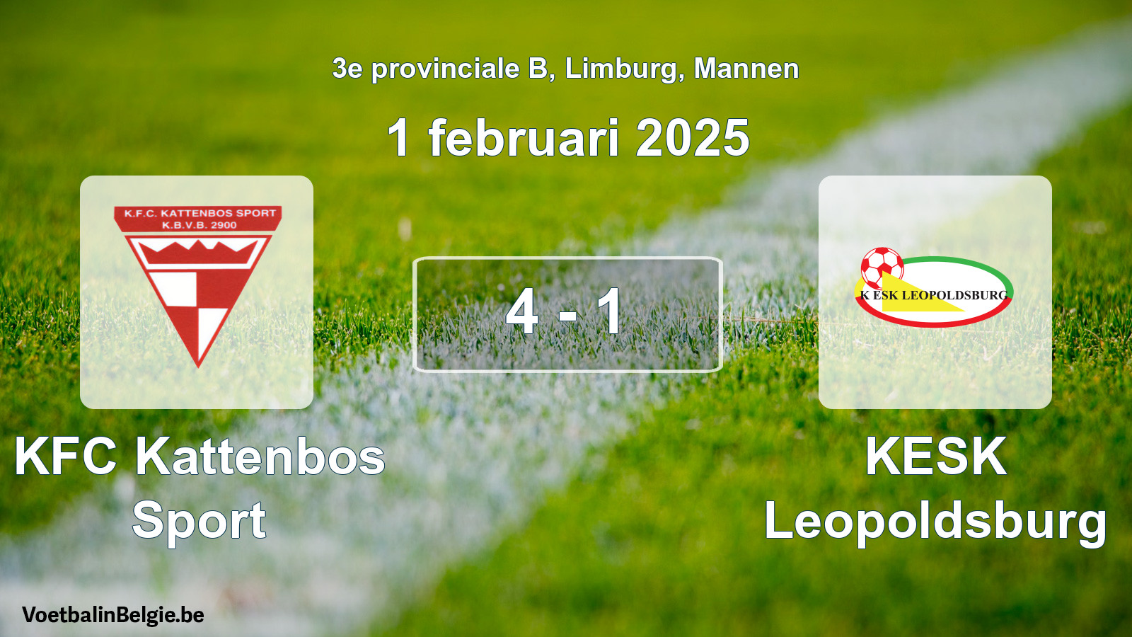 Gespeelde wedstrijd mannenvoetbal: KFC Kattenbos Sport - KESK Leopoldsburg 4 - 1 (1 februari 2025)