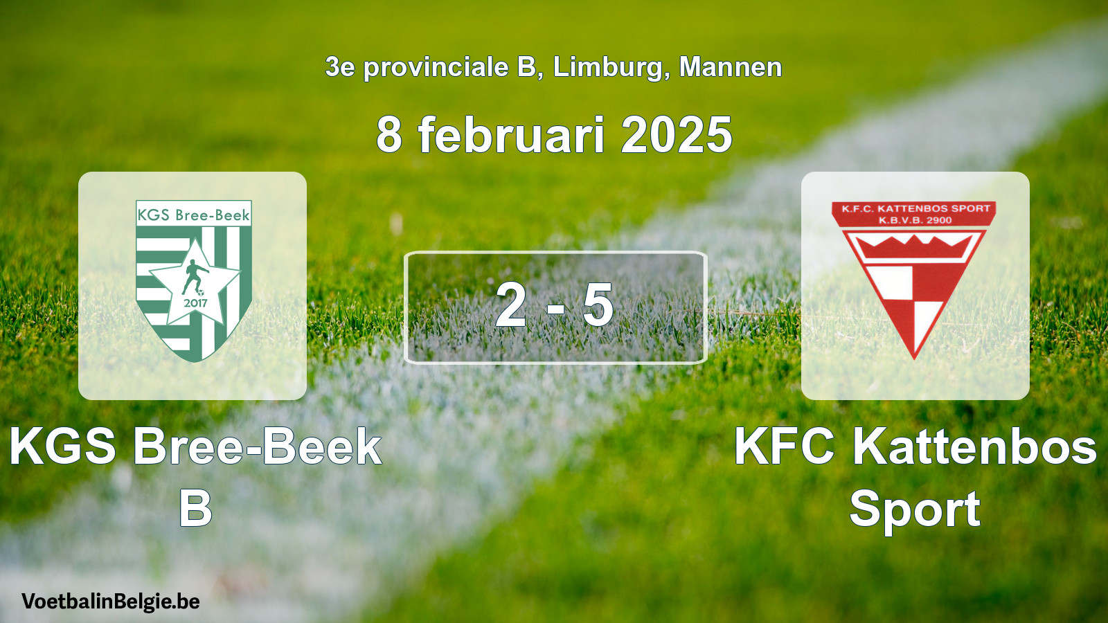 Gespeelde wedstrijd mannenvoetbal: KGS Bree-Beek B - KFC Kattenbos Sport 2 - 5 (8 februari 2025)