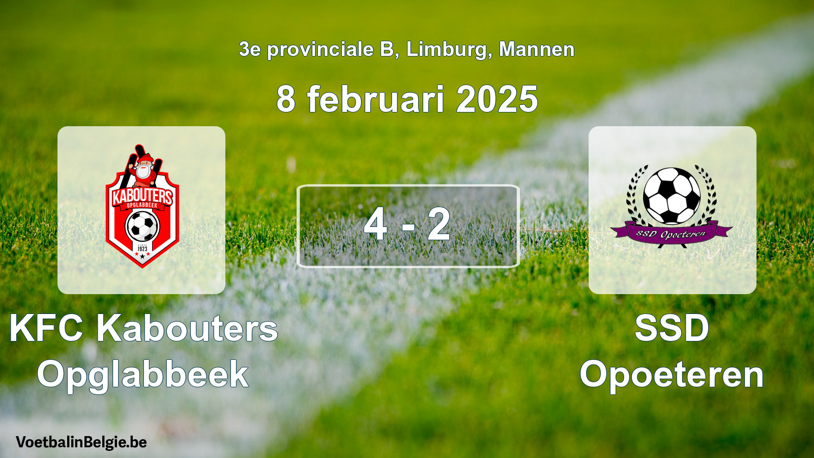 Gespeelde wedstrijd mannenvoetbal: KFC Kabouters Opglabbeek - SSD Opoeteren 4 - 2 (8 februari 2025)