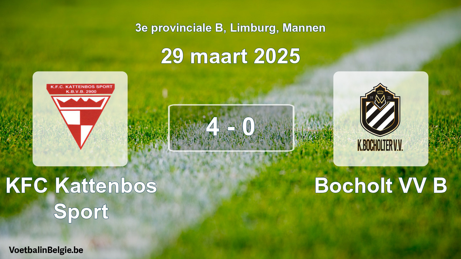 Gespeelde wedstrijd mannenvoetbal: KFC Kattenbos Sport - Bocholt VV B 4 - 0 (29 maart 2025)