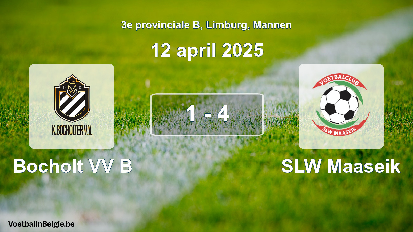 Gespeelde wedstrijd mannenvoetbal: Bocholt VV B - SLW Maaseik 1 - 4 (12 april 2025)