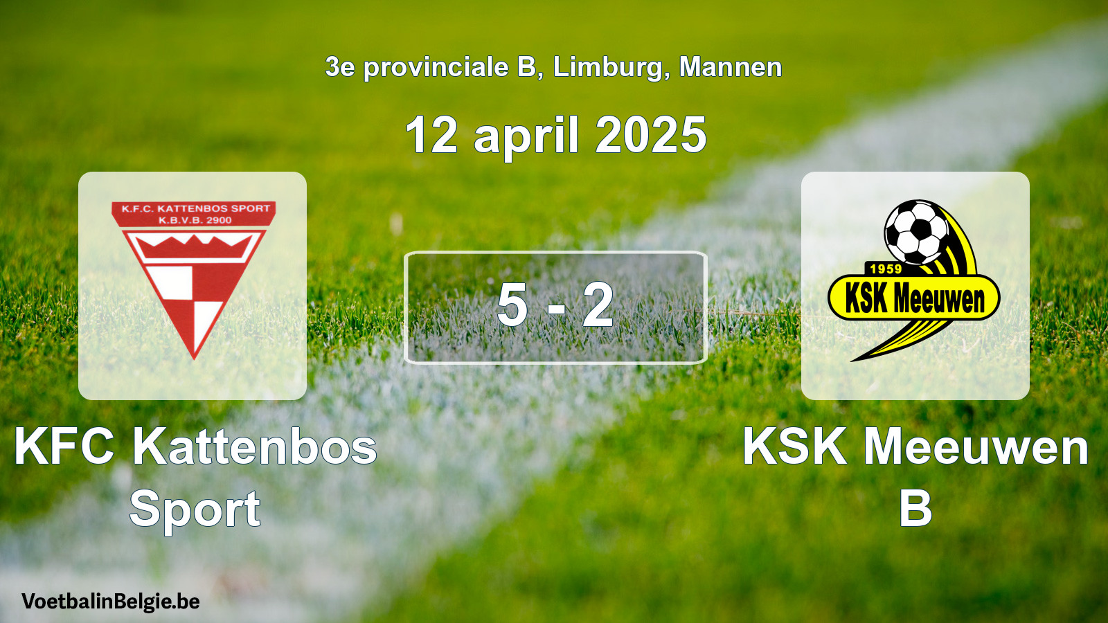 Gespeelde wedstrijd mannenvoetbal: KFC Kattenbos Sport - KSK Meeuwen B 5 - 2 (12 april 2025)