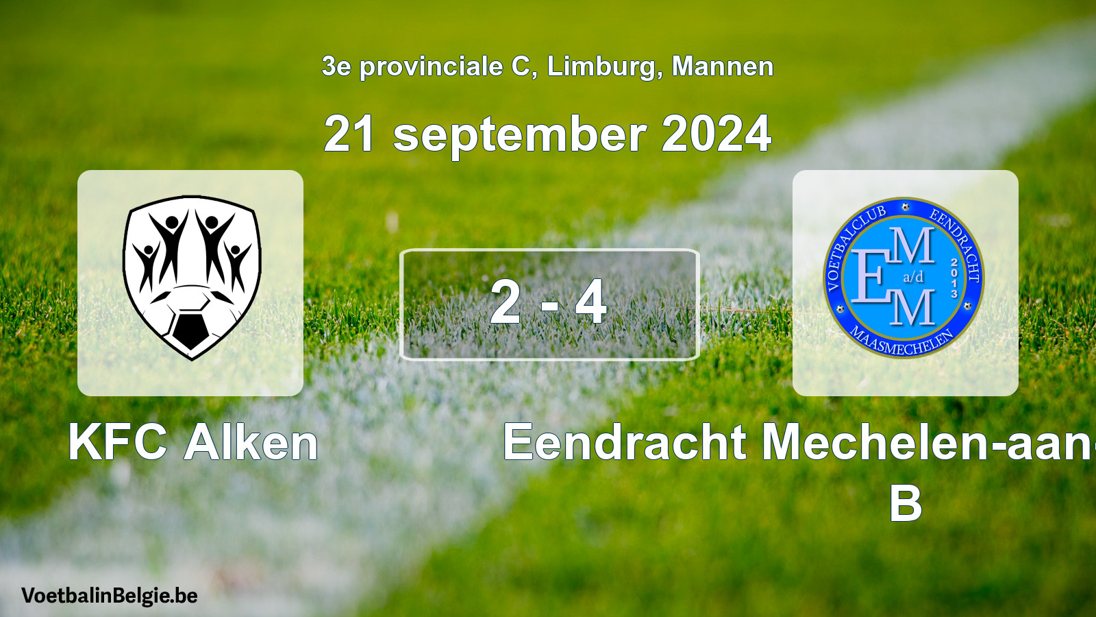 Gespeelde wedstrijd mannenvoetbal: KFC Alken - Eendracht Mechelen-aan-de-Maas B 2 - 4 (21 september 2024)