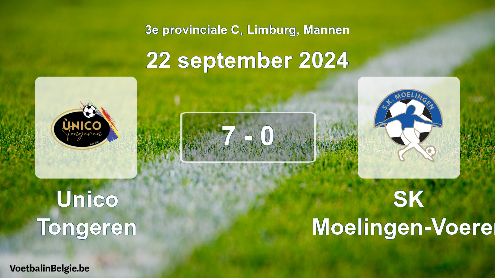 Gespeelde wedstrijd mannenvoetbal: Unico Tongeren - SK Moelingen-Voeren 7 - 0 (22 september 2024)