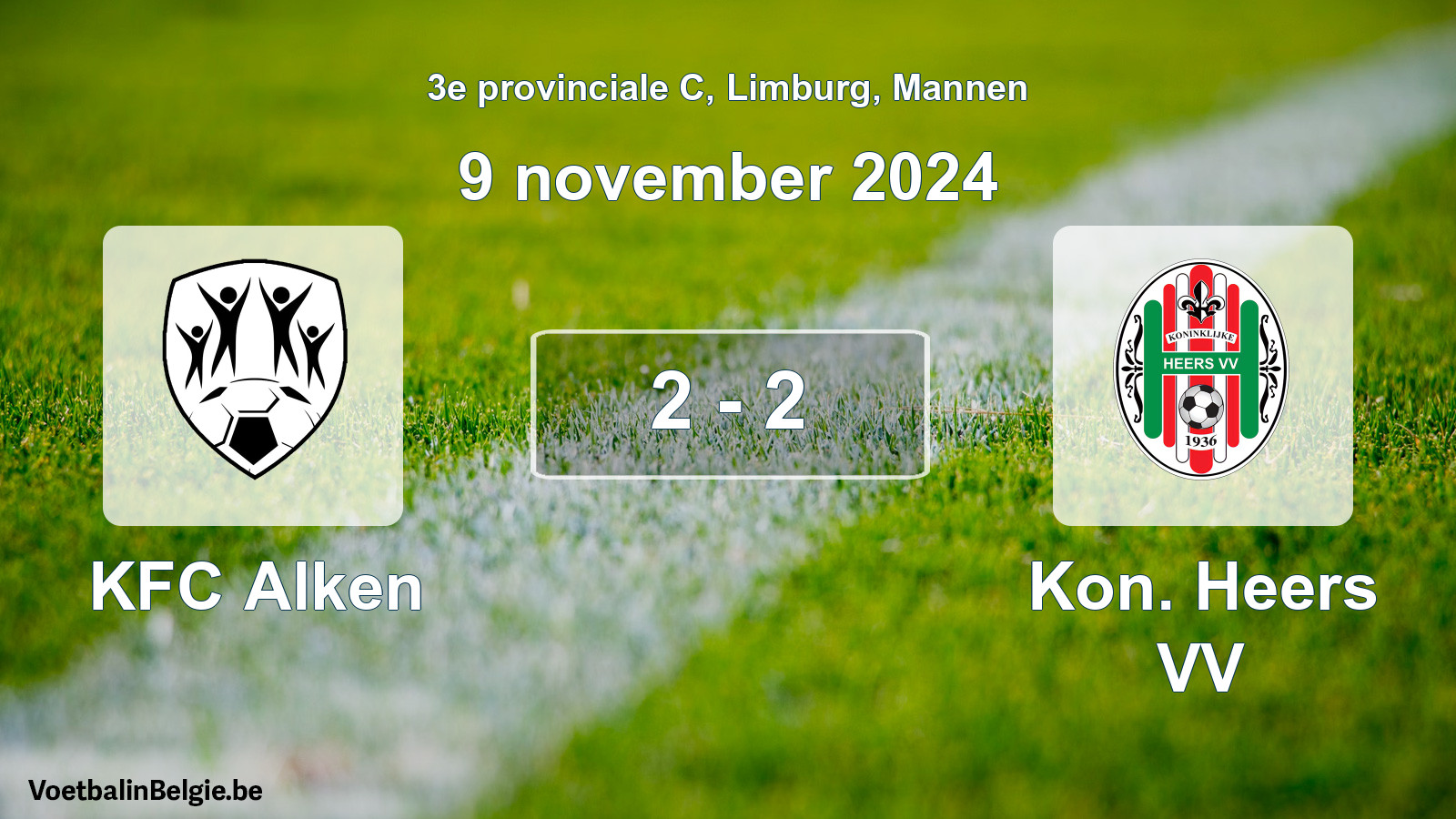 Gespeelde wedstrijd mannenvoetbal: KFC Alken - Kon. Heers VV 2 - 2 (9 november 2024)