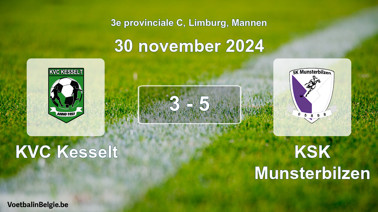 Gespeelde wedstrijd mannenvoetbal: KVC Kesselt - KSK Munsterbilzen 3 - 5 (30 november 2024)