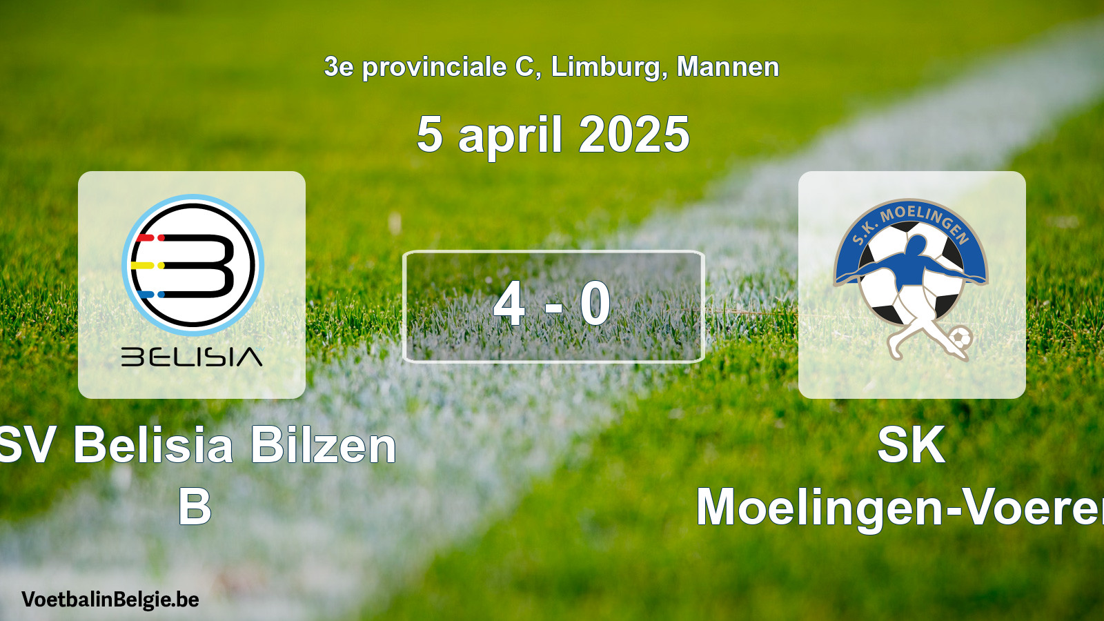 Gespeelde wedstrijd mannenvoetbal: SV Belisia Bilzen B - SK Moelingen-Voeren 4 - 0 (5 april 2025)