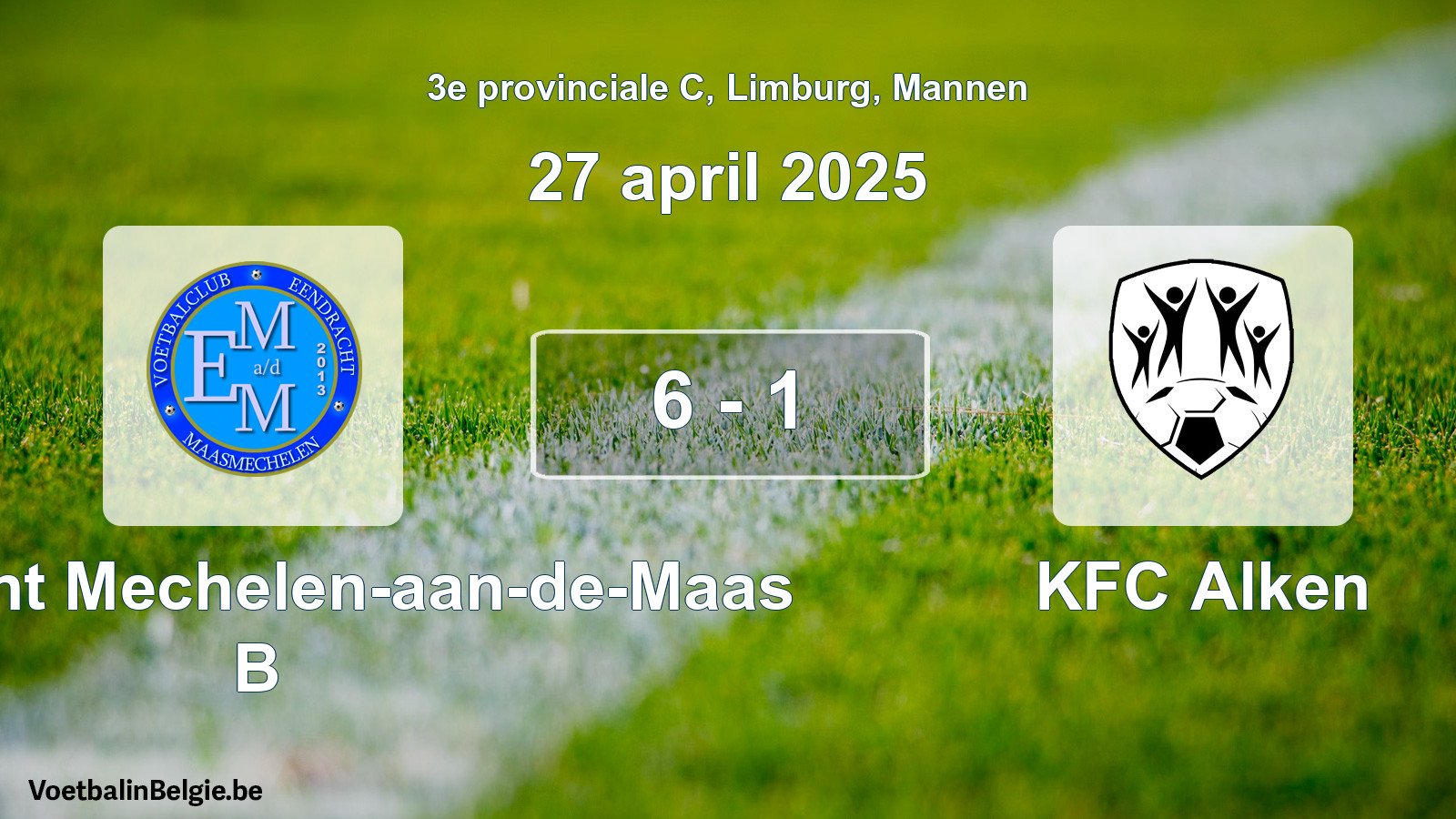 Gespeelde wedstrijd mannenvoetbal: Eendracht Mechelen-aan-de-Maas B - KFC Alken 6 - 1 (27 april 2025)