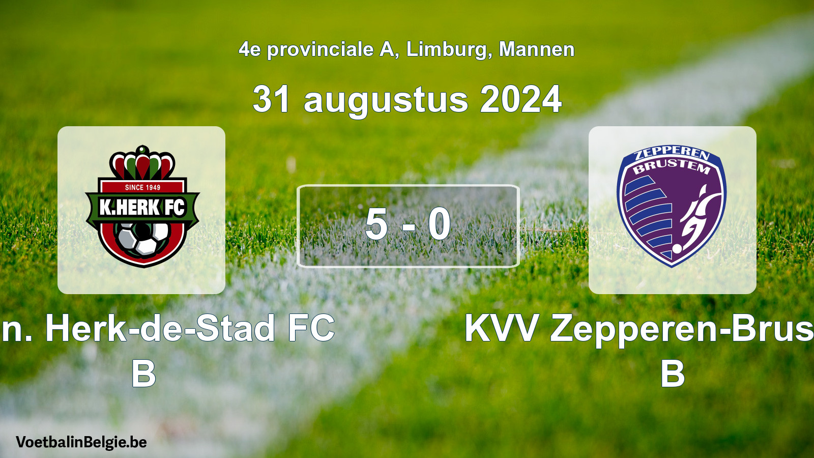 Gespeelde wedstrijd mannenvoetbal: Kon. Herk-de-Stad FC B - KVV Zepperen-Brustem B 5 - 0 (31 augustus 2024)