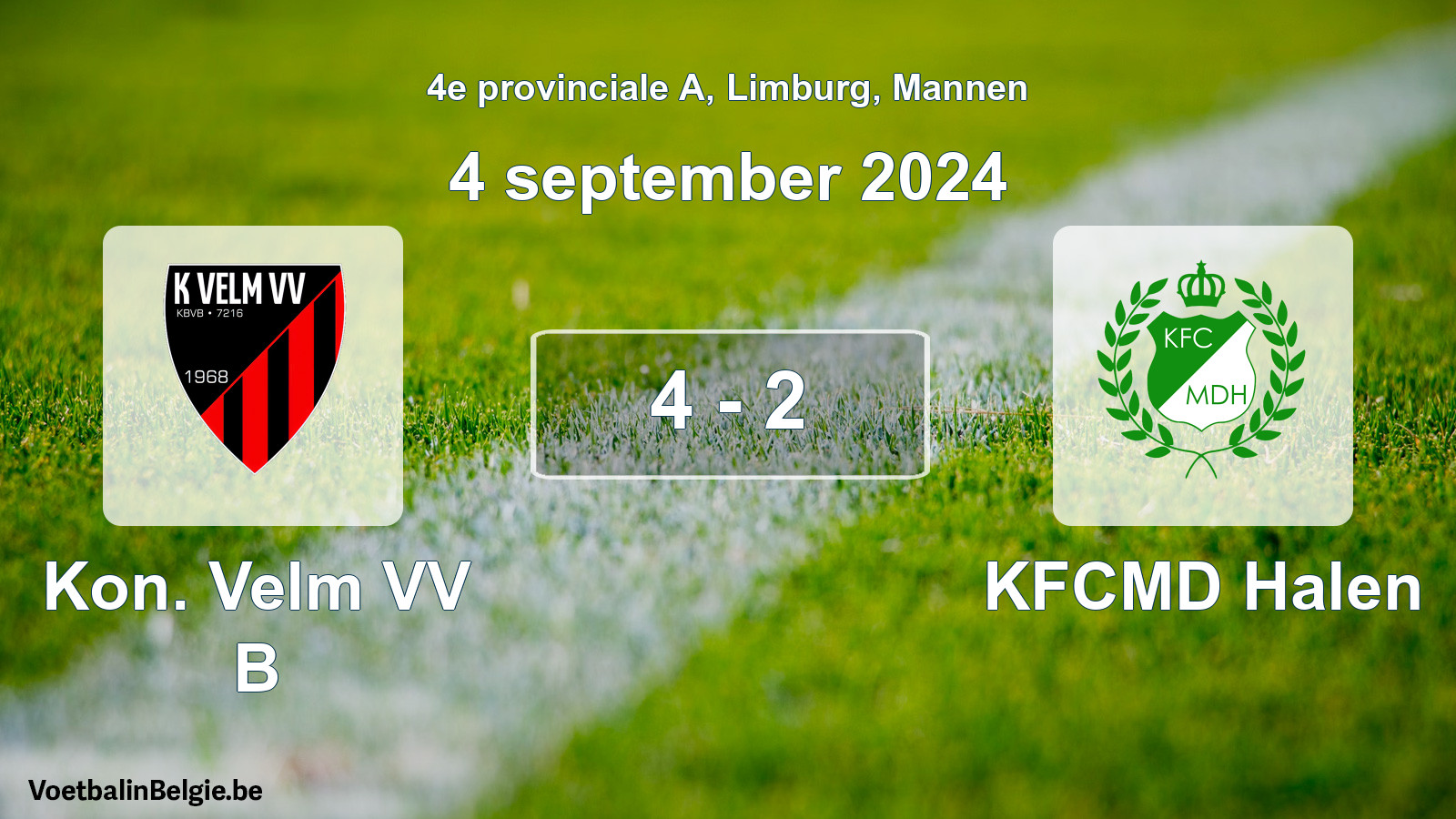 Gespeelde wedstrijd mannenvoetbal: Kon. Velm VV B - KFCMD Halen 4 - 2 (4 september 2024)