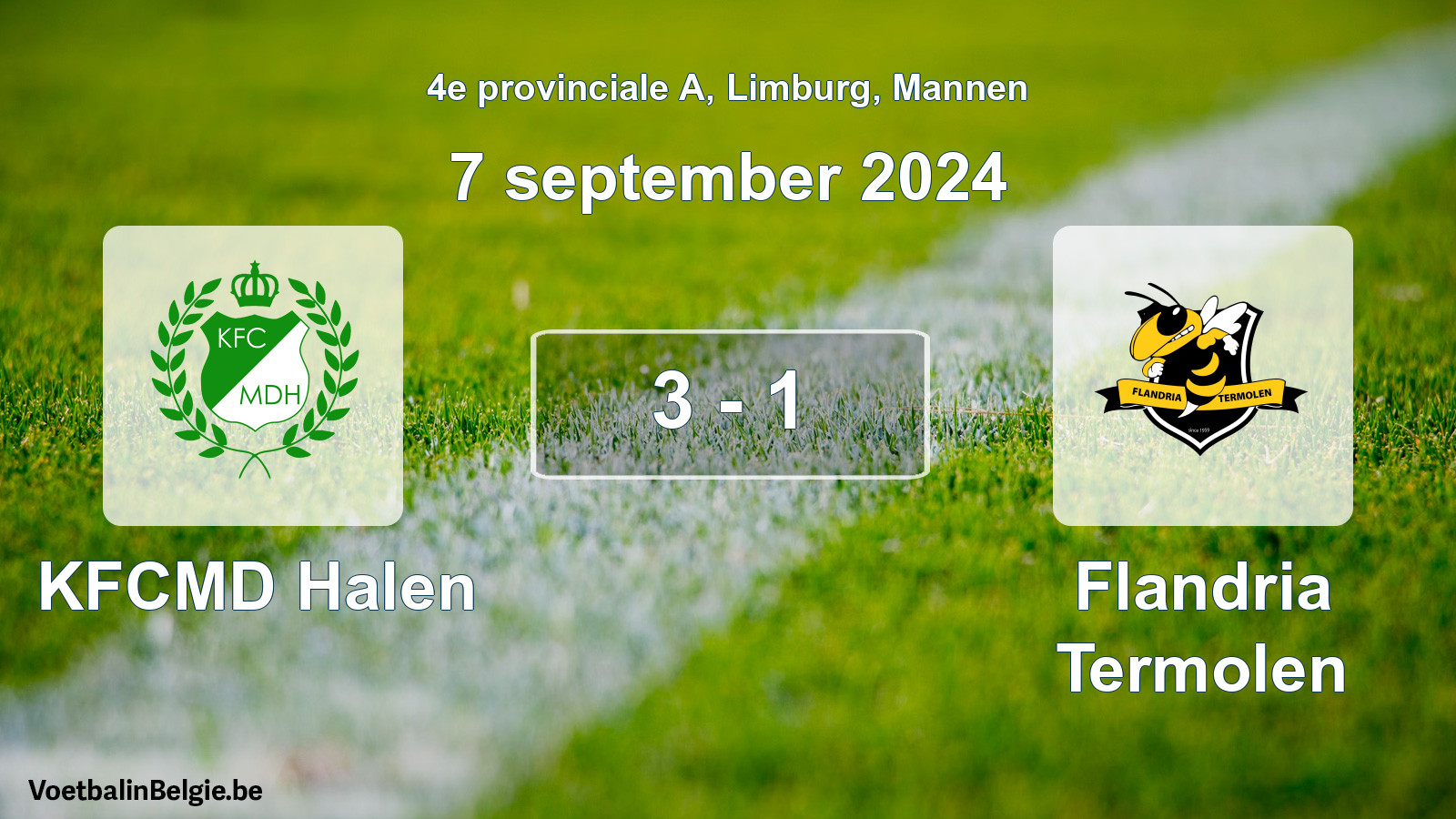 Gespeelde wedstrijd mannenvoetbal: KFCMD Halen - Flandria Termolen 3 - 1 (7 september 2024)
