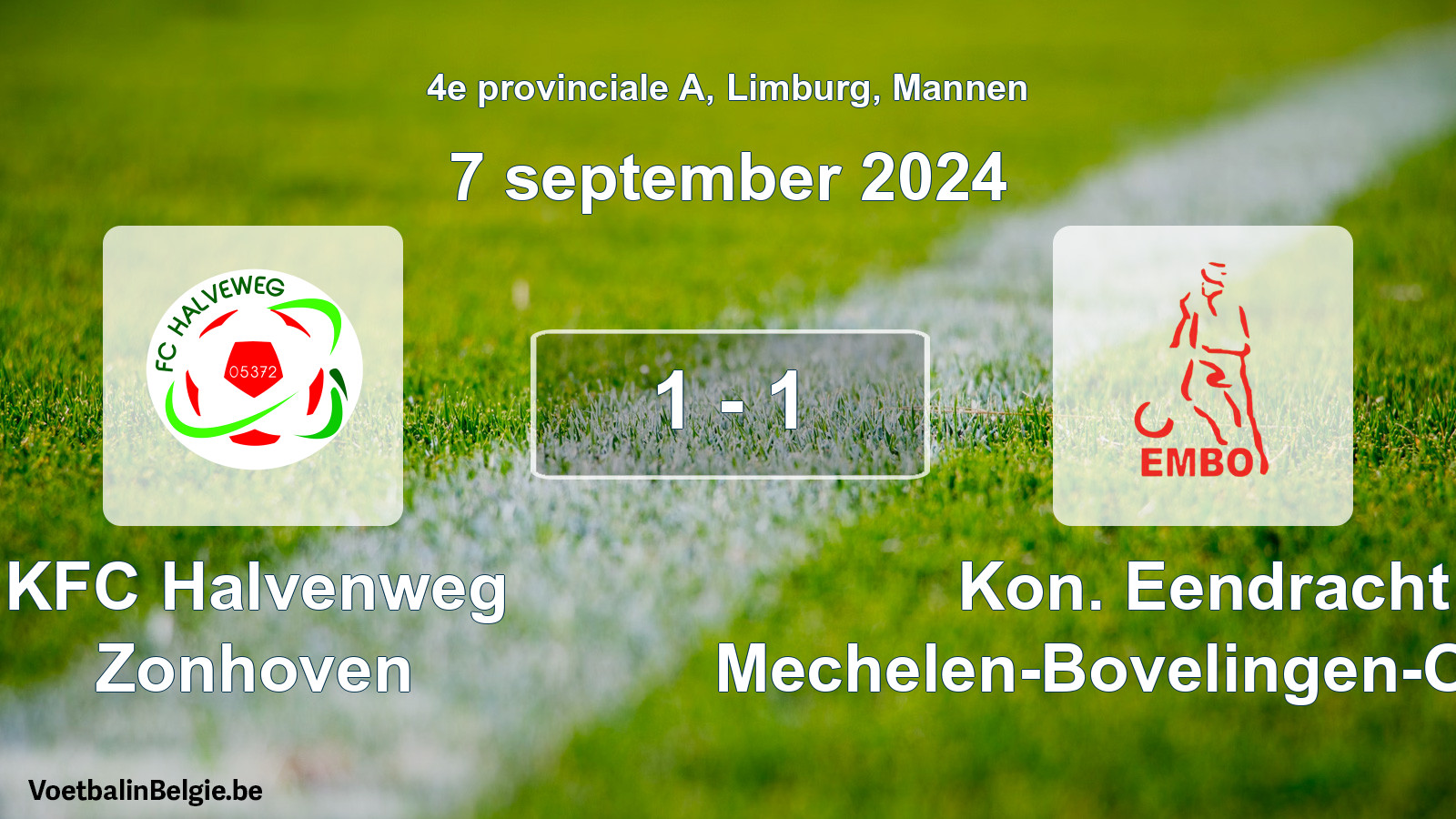 Gespeelde wedstrijd mannenvoetbal: KFC Halvenweg Zonhoven - Kon. Eendracht Mechelen-Bovelingen-Opheers 1 - 1 (7 september 2024)